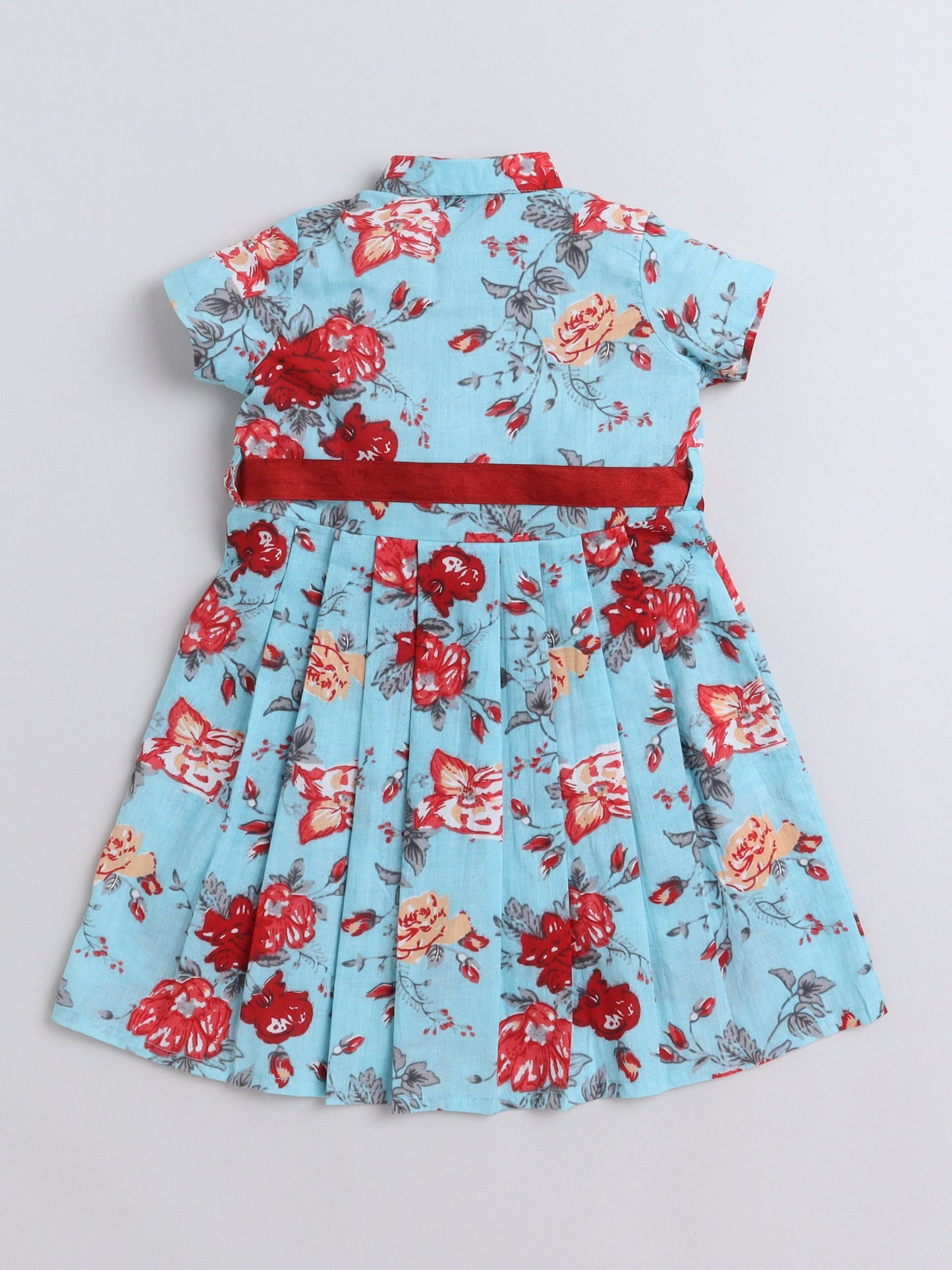 The Magic Wand Half Sleeves Floral Printed Collar Neck Dress With Belt Detailed For Girls Blue