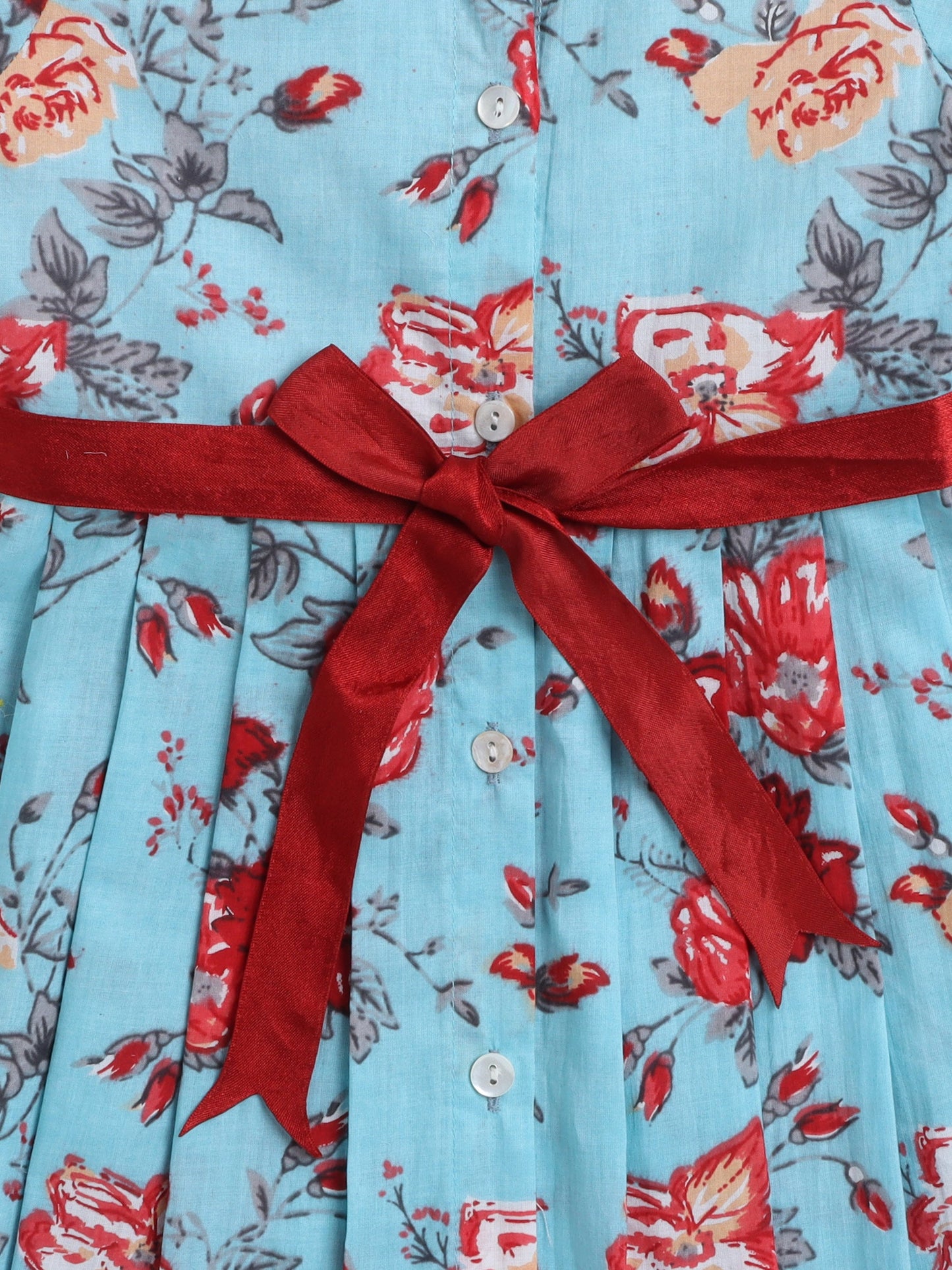 Half Sleeves Floral Printed Collar Neck Dress With Belt Detailed -Blue