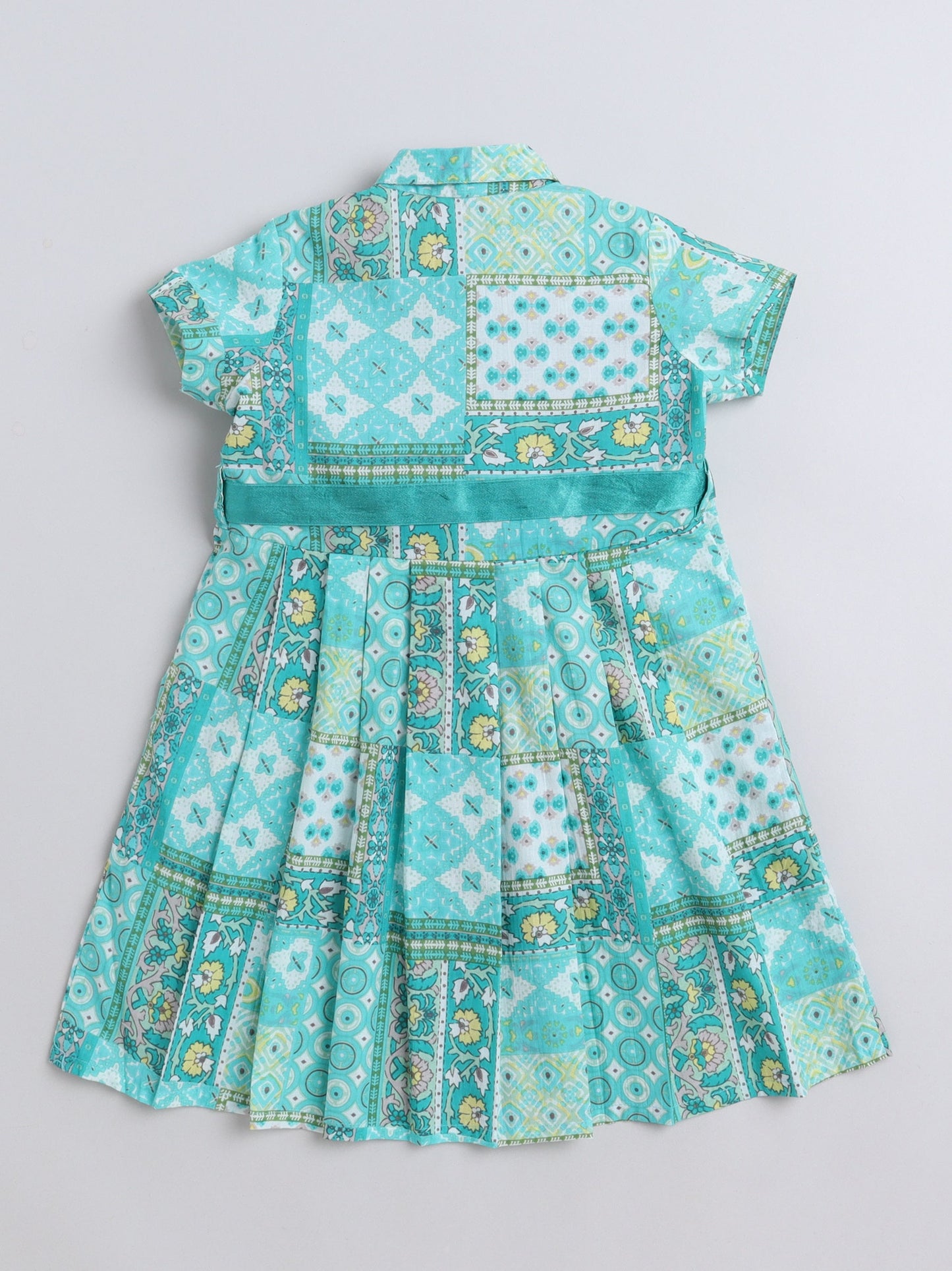 The Magic Wand Half Sleeves Floral Printed Collar Neck Dress With Belt Detailed For Girls Turquoise