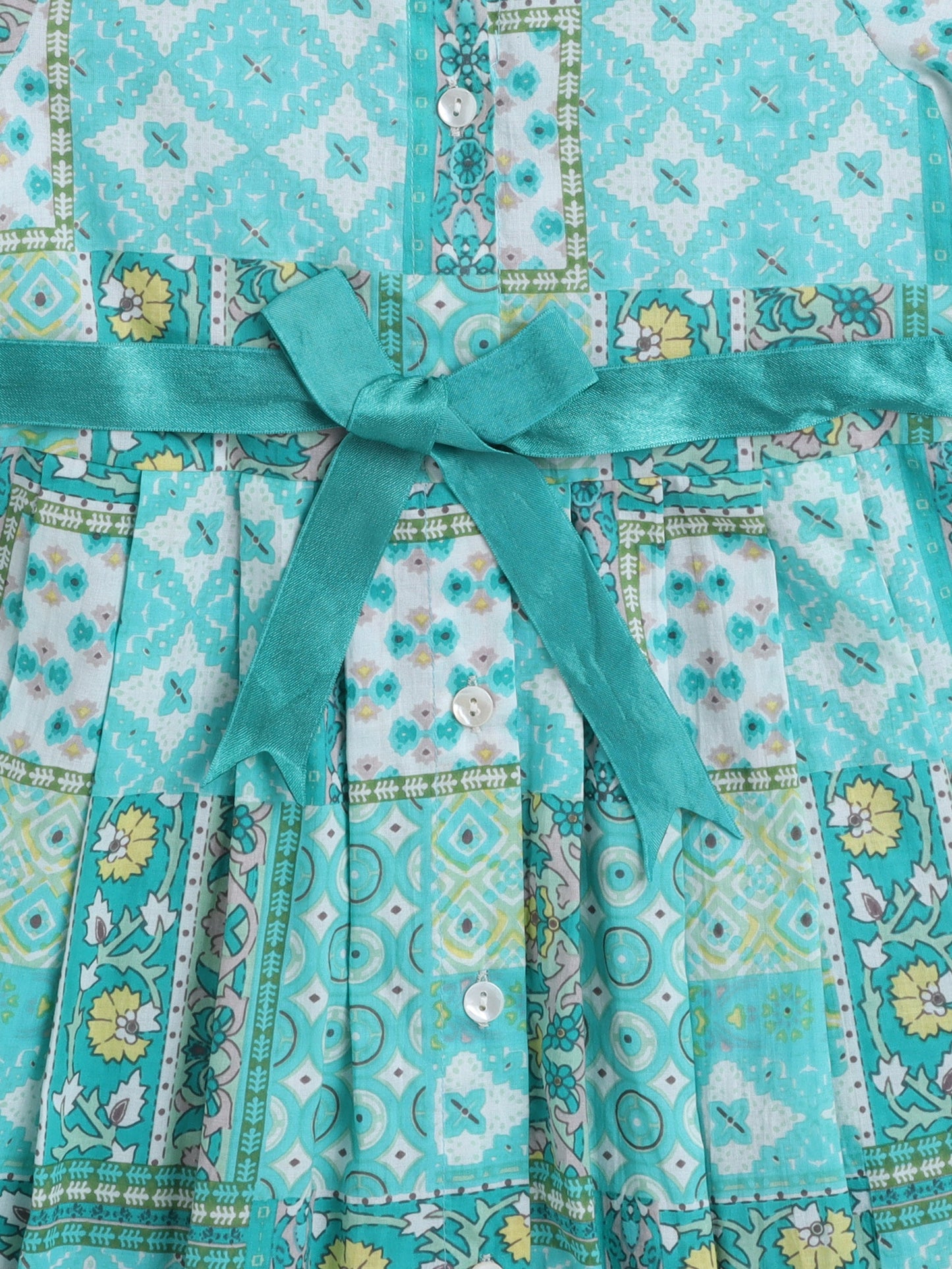 Half Sleeves Floral Printed Collar Neck Dress With Belt Detailed - Turquoise