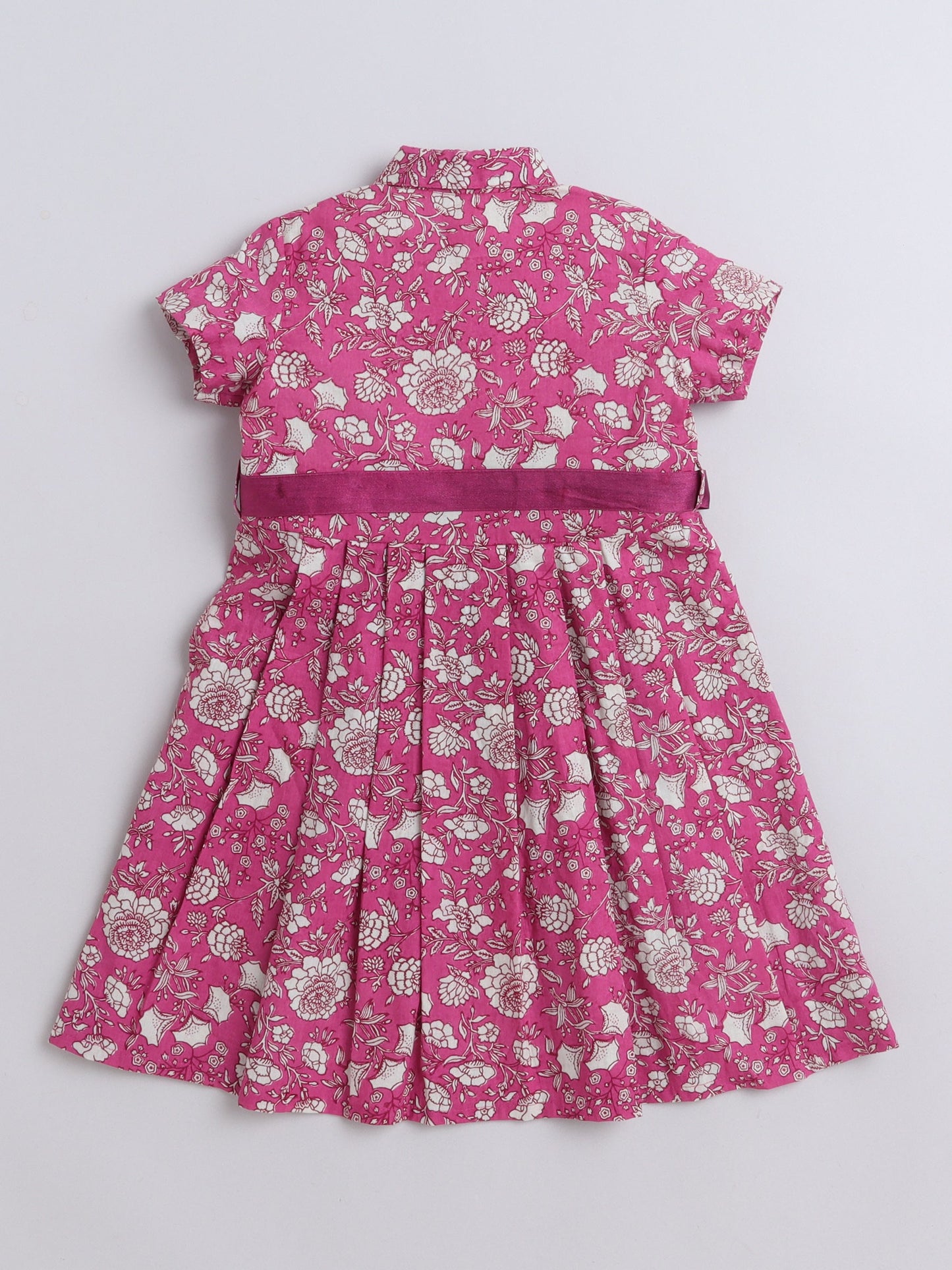 The Magic Wand Half Sleeves Floral Printed Collar Neck Dress With Belt Detailed For Girls - Pink