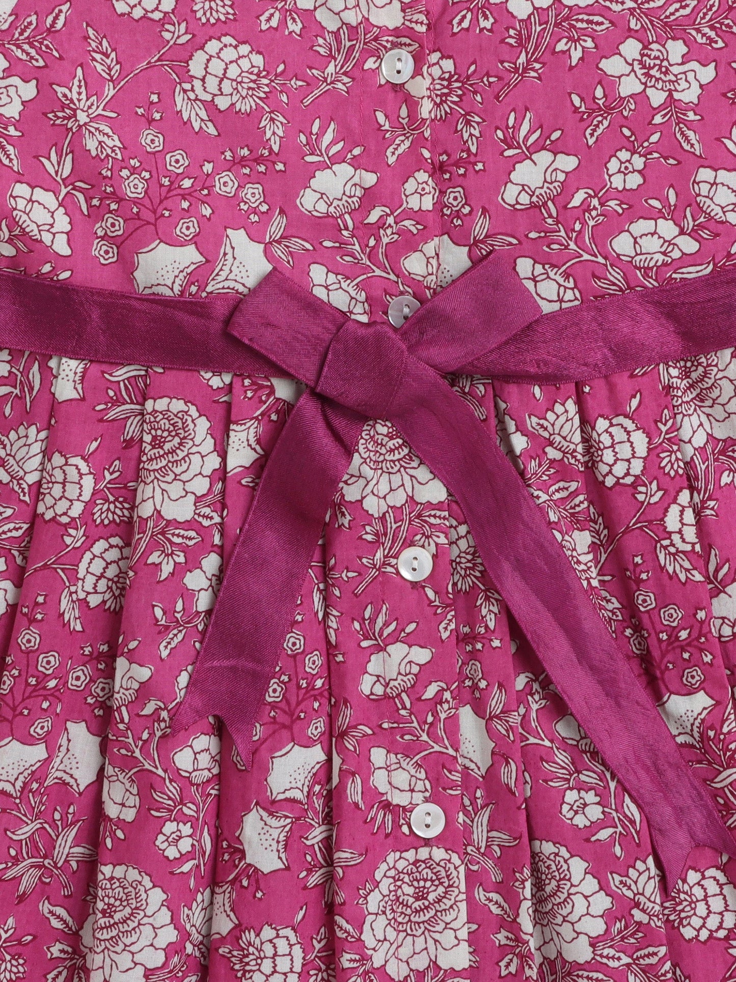 Half Sleeves Floral Printed Collar Neck Dress With Belt Detailed For Girls - Pink