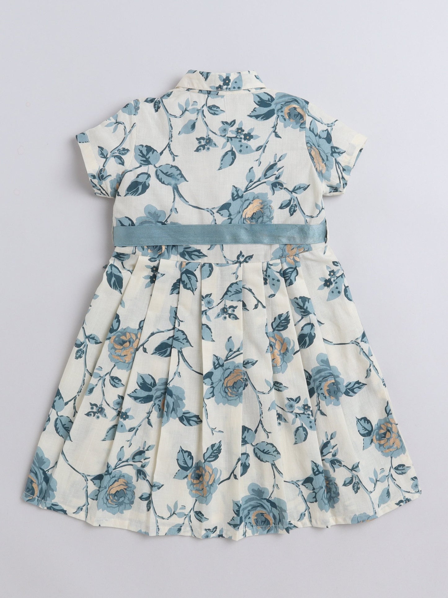 The Magic Wand Half Sleeves Floral Printed Collar Neck Dress With Belt Detailed For Girls Off White