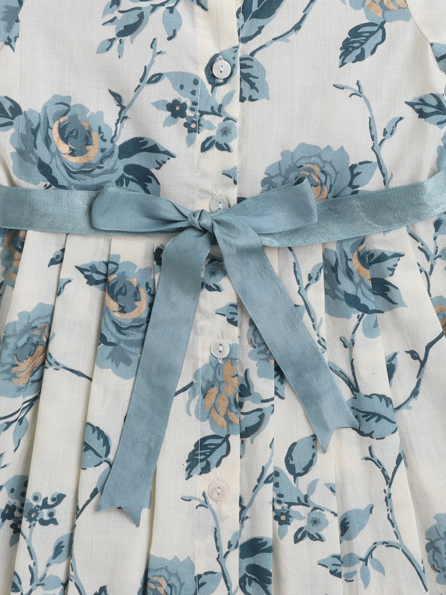 The Magic Wand Half Sleeves Floral Printed Collar Neck Dress With Belt Detailed For Girls Off White