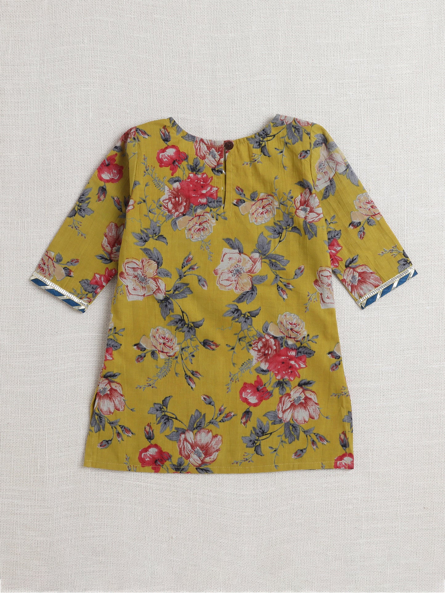 Elbo Sleeves Floral Printed Gota Lace Embellished Kurta & Sharara Set With Dupatta-Mustard