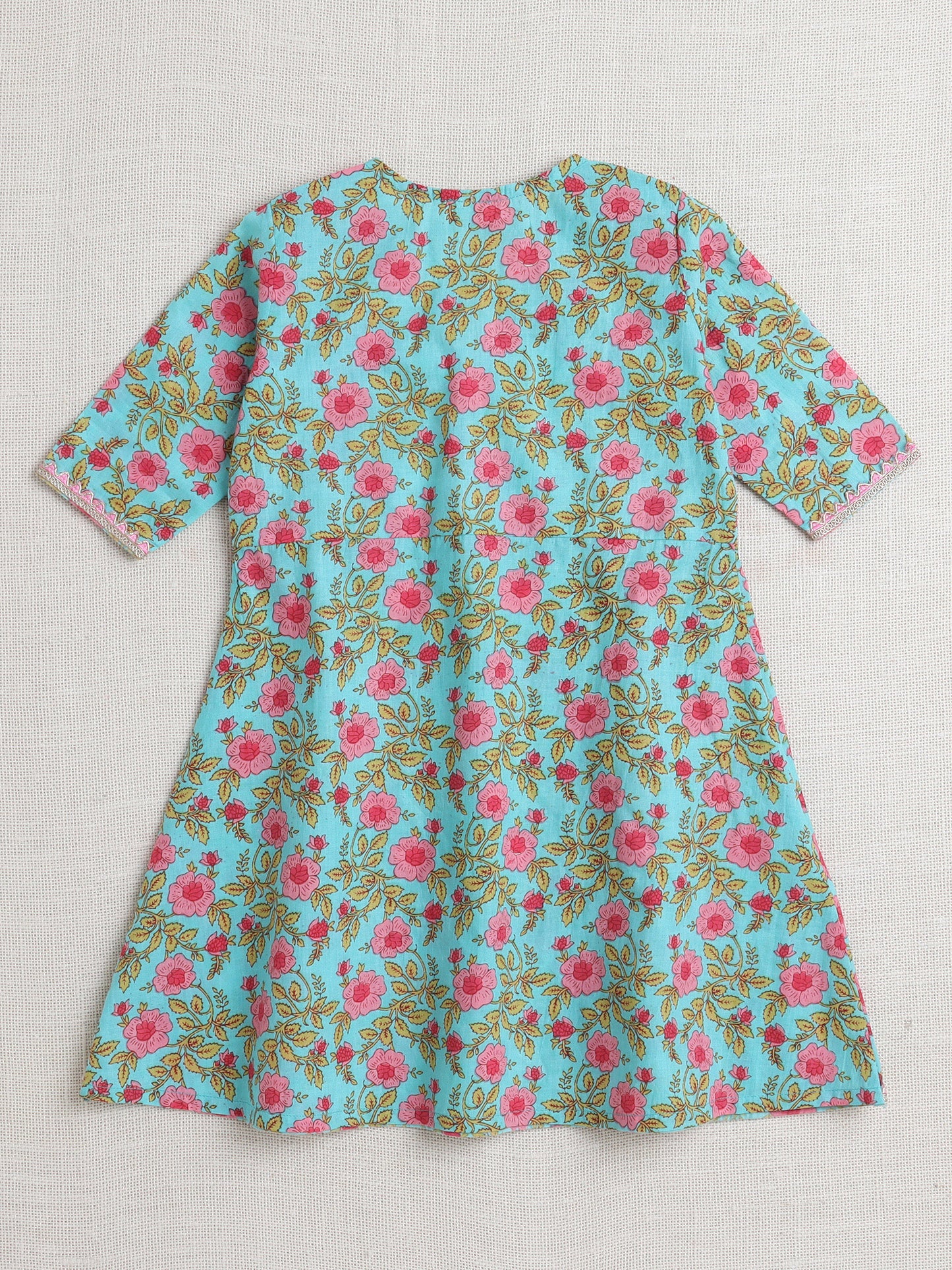 Floral Print Elbo Sleeves Gota Lace Kurta & Balloon Pant Set For Girls-Blue