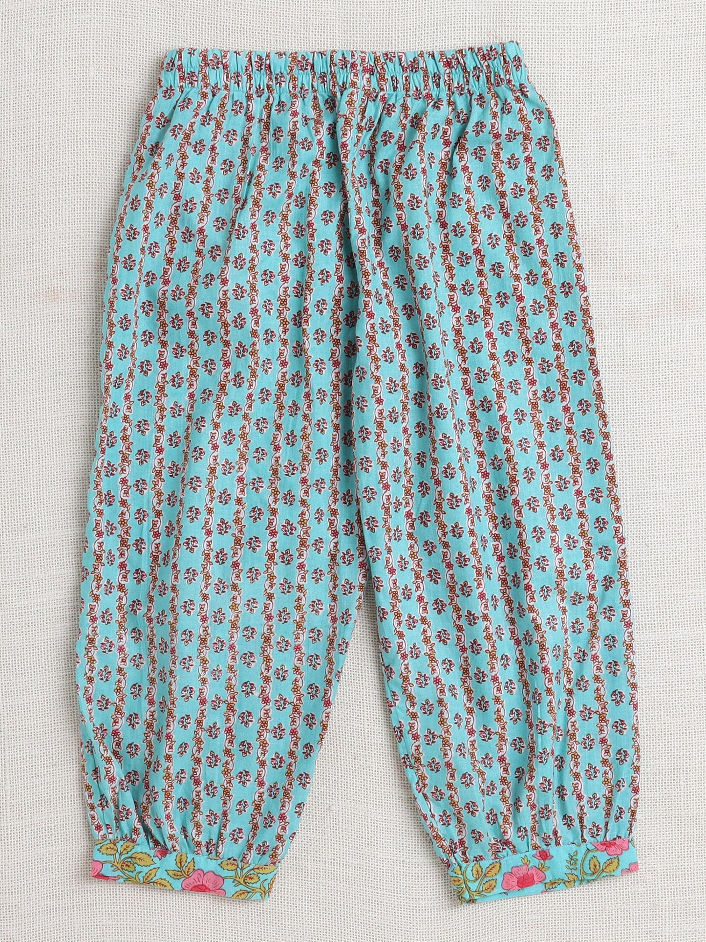 Floral Print Elbo Sleeves Gota Lace Kurta & Balloon Pant Set For Girls-Blue