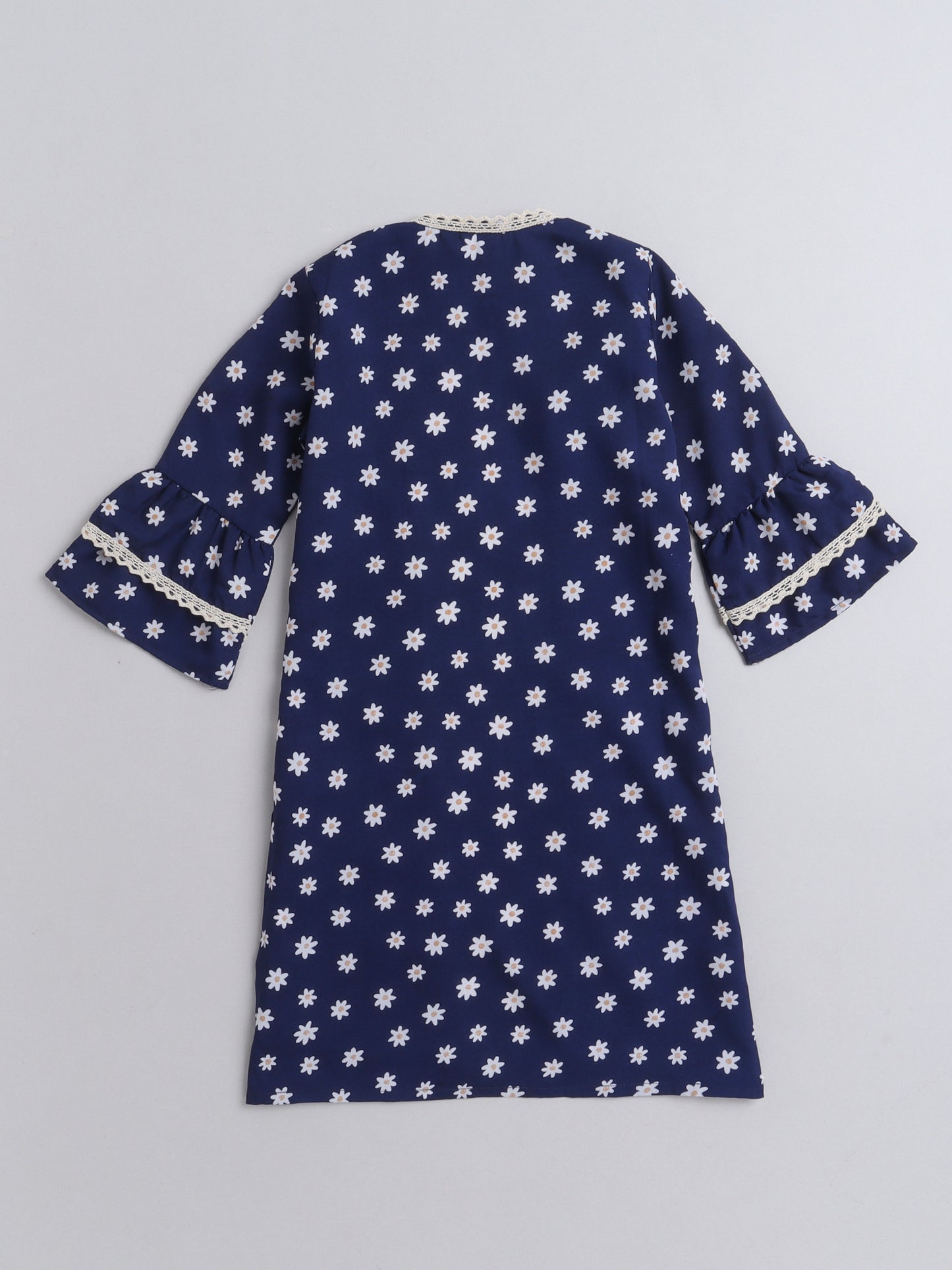Floral Printed Front Open Lace Embelished 3/4th Sleeves Long Cape For Girls