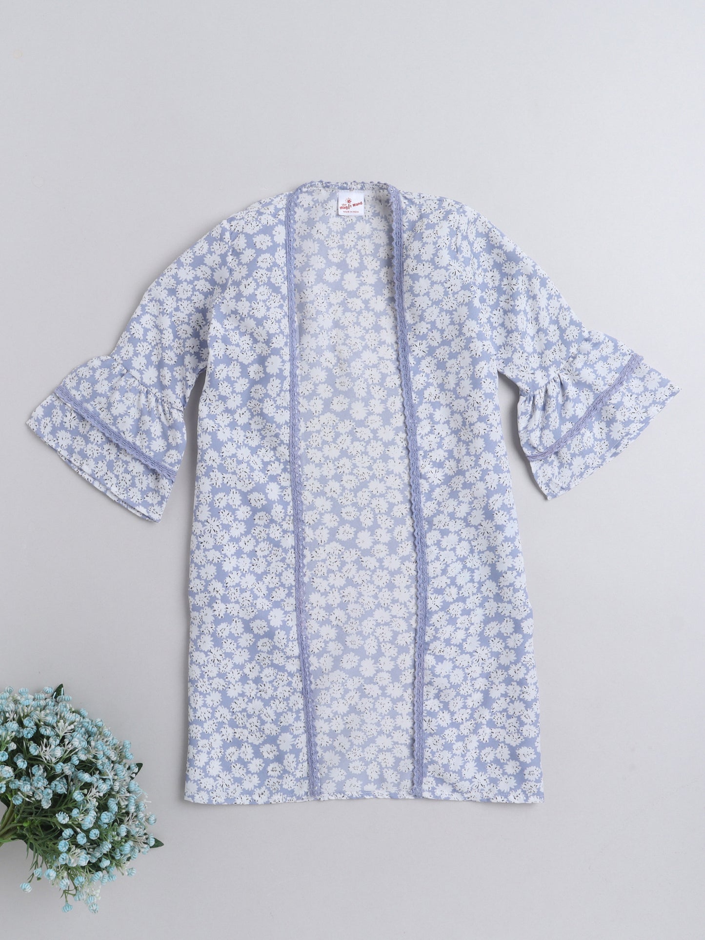 The Magic Wand Floral Printed Fron Open Lace Embelished 3/4th Sleeves Long Cape For Girls