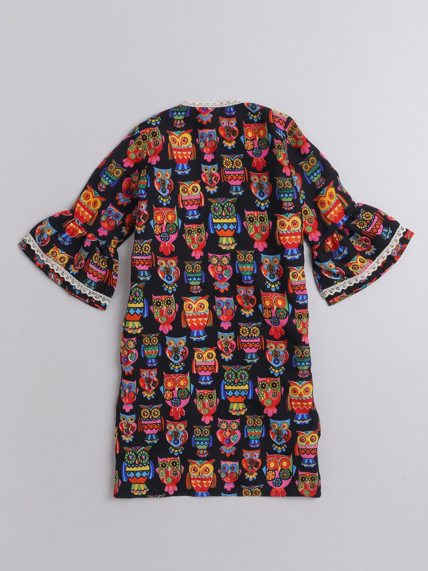 Owl Printed Front Open Lace Embelished 3/4th Sleeves Long Cape For Girls