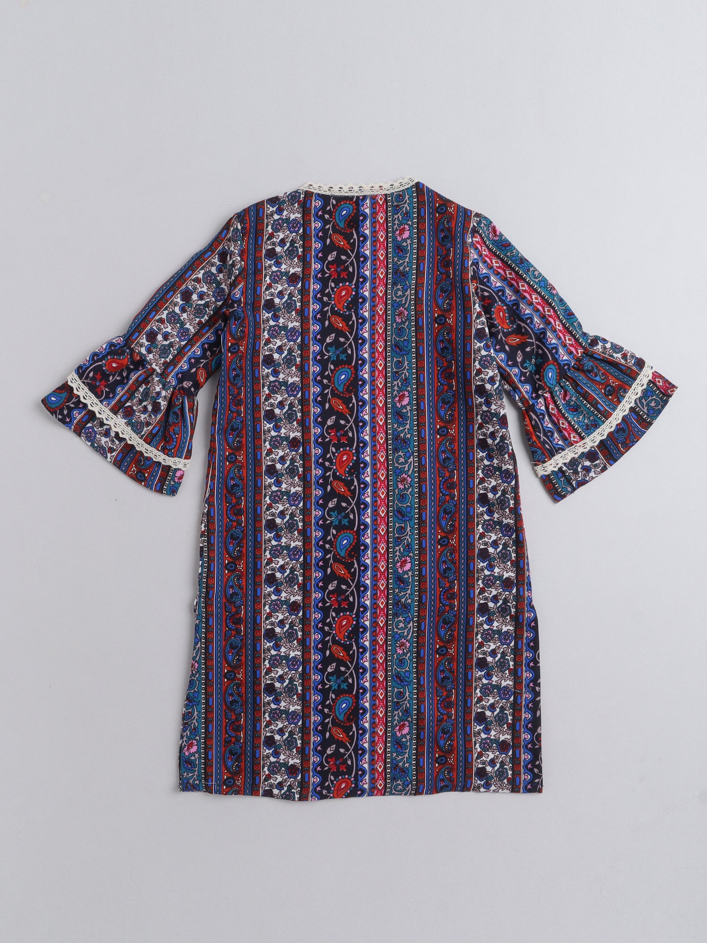 Paisley Printed Front Open Lace Embelished 3/4th Sleeves Long Cape For Girls