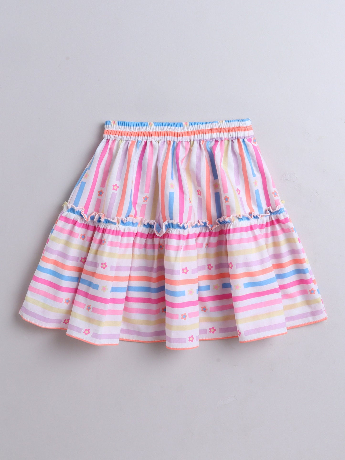 The Magic Wand Strip Printed Frill Sleeves Top & Skirt Set Multi