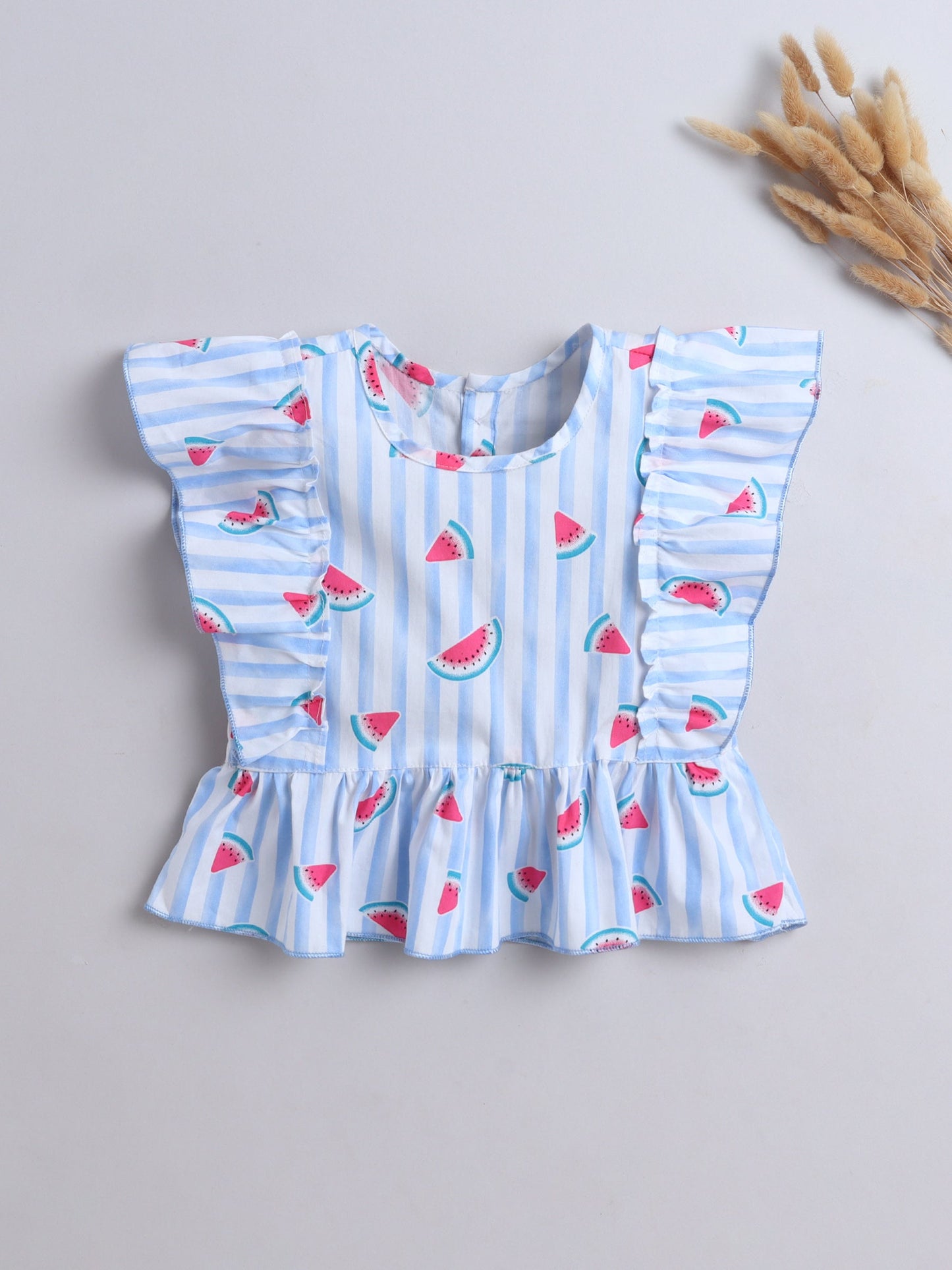 The Magic Wand Cotton Watermelon Printed Frill Top- Blue