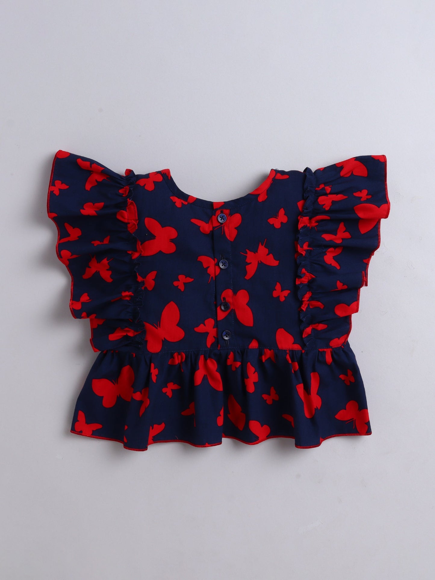 The Magic Wand Cotton Butterfly Printed Frill Top -Navy Blue