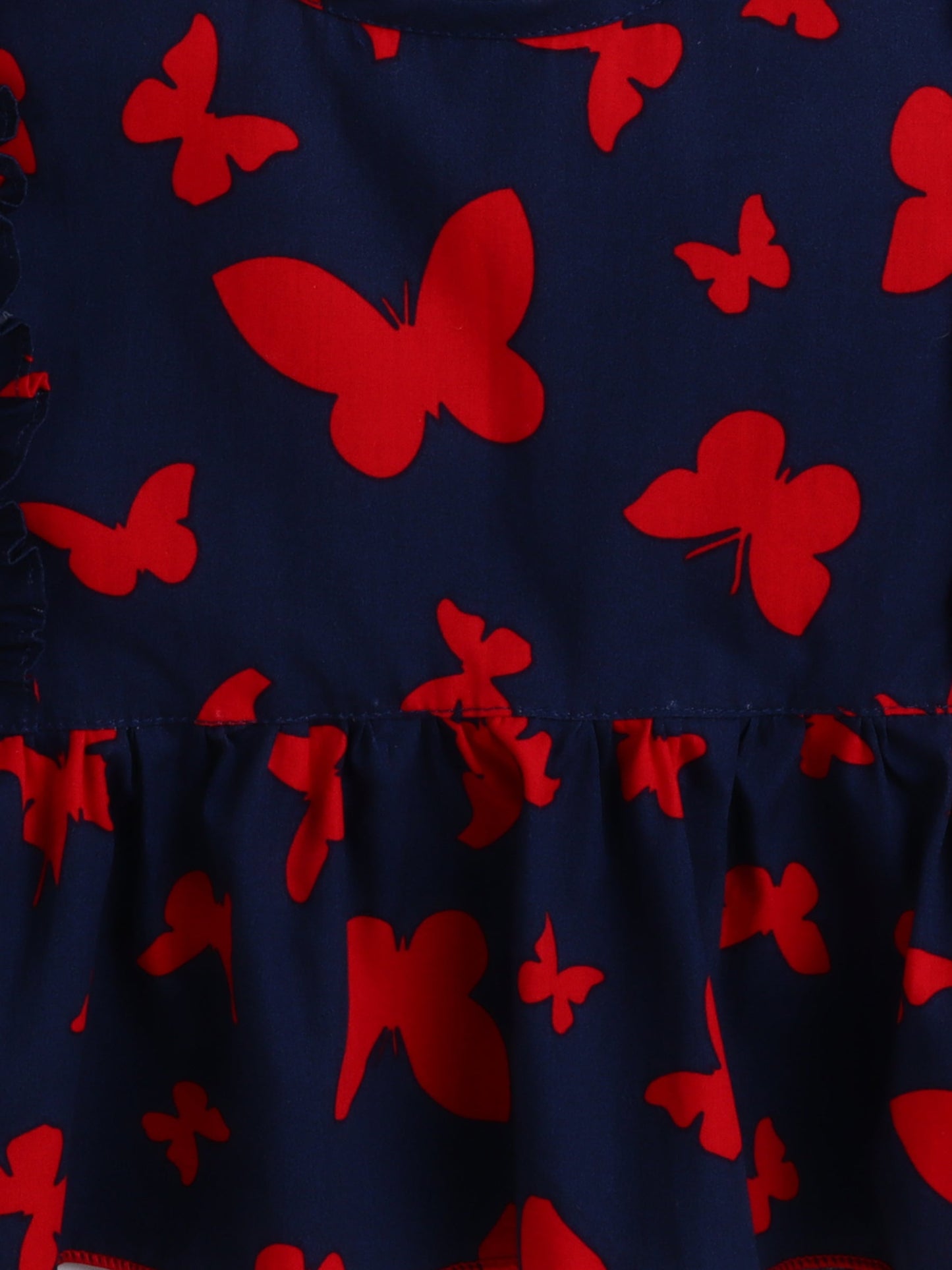 Butterfly Printed Cotton Frill Top - Navy Blue