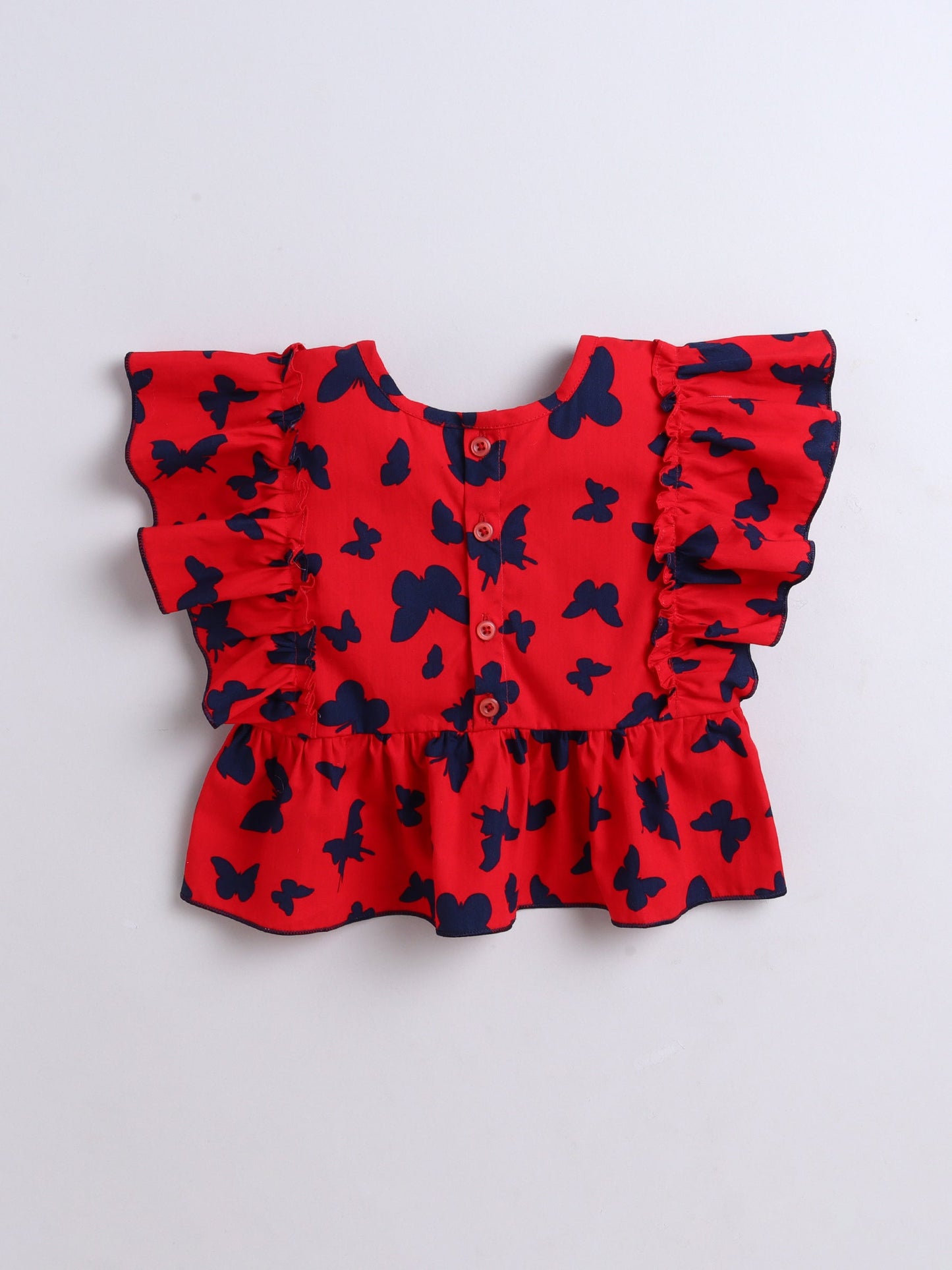 The Magic Wand Cotton Butterfly Printed Frill Top -Red