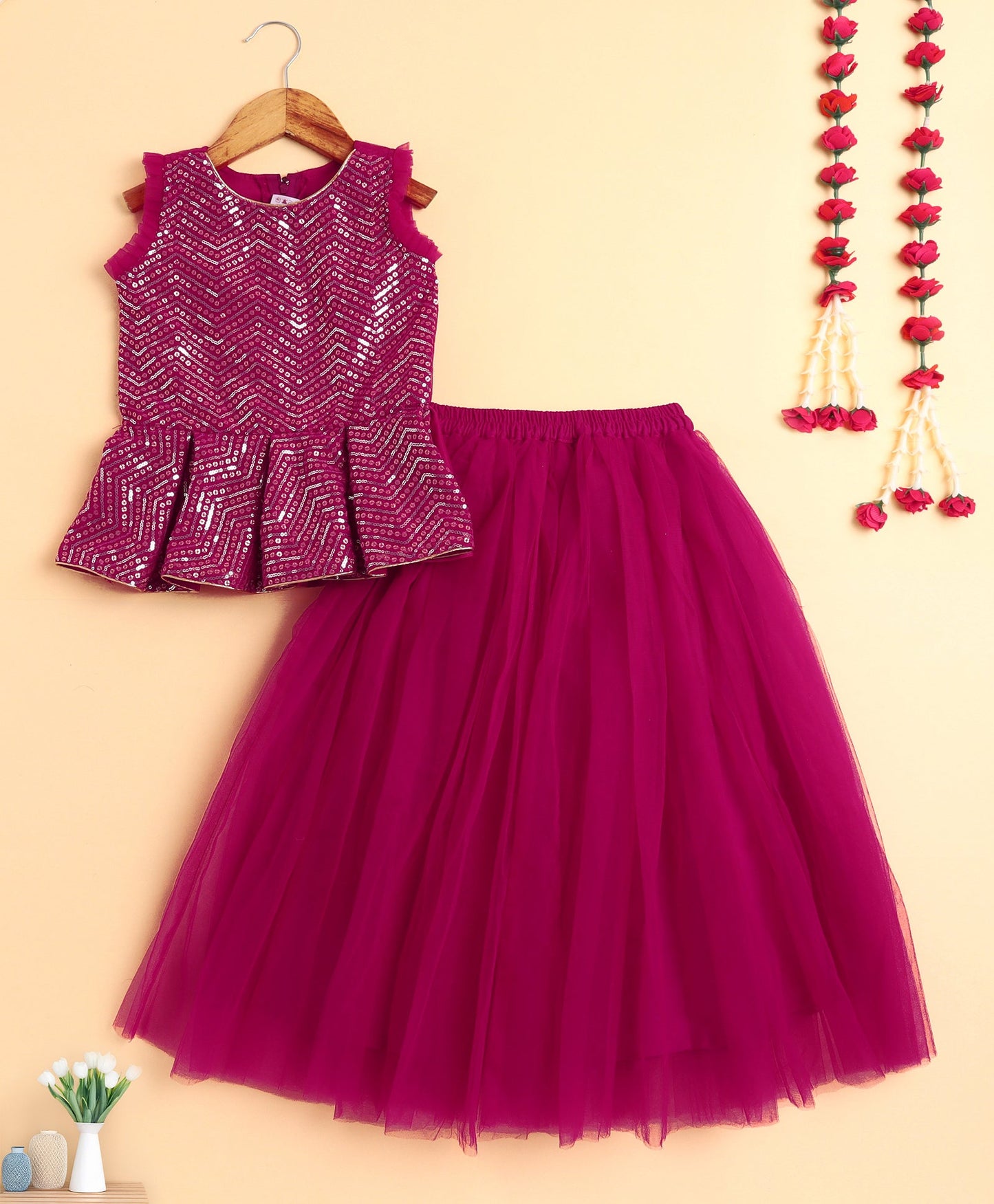 The Magic Wand Woven Sleeveless Sequins Embellished Top and Lehenga Set - Fuchsia