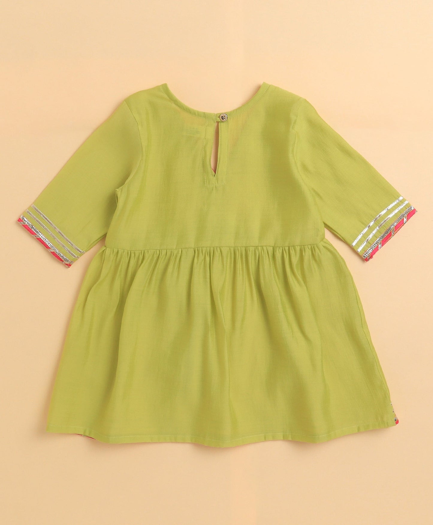 The Magic Wand Cambric Cotton Three Fourth Sleeves Solid Gota Lace Kurta and Bottom Set- Green