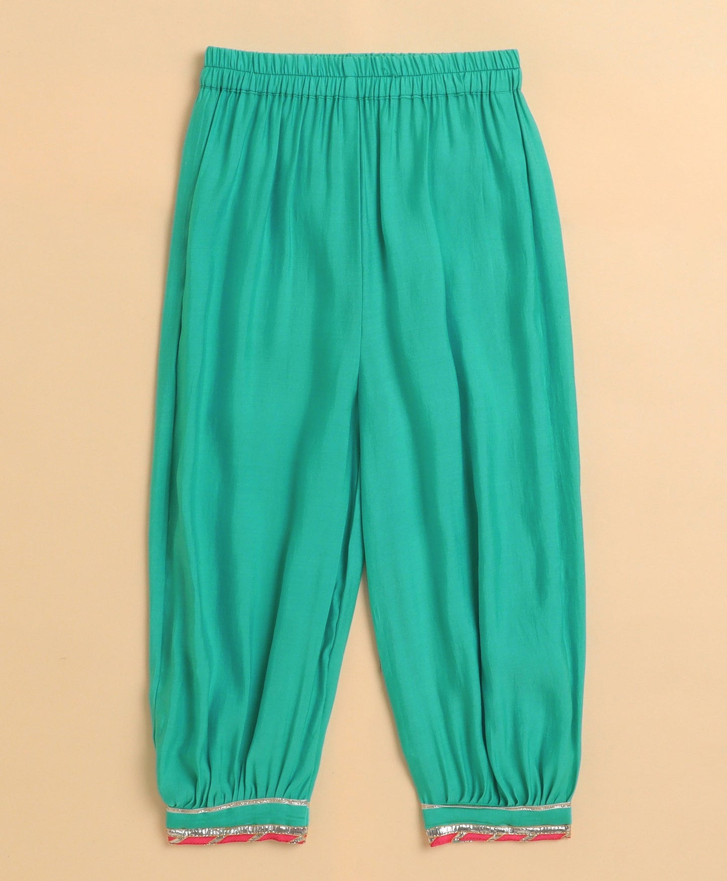The Magic Wand Cambric Cotton Three Fourth Sleeves Solid Gota Lace Kurta and Bottom Set- Green