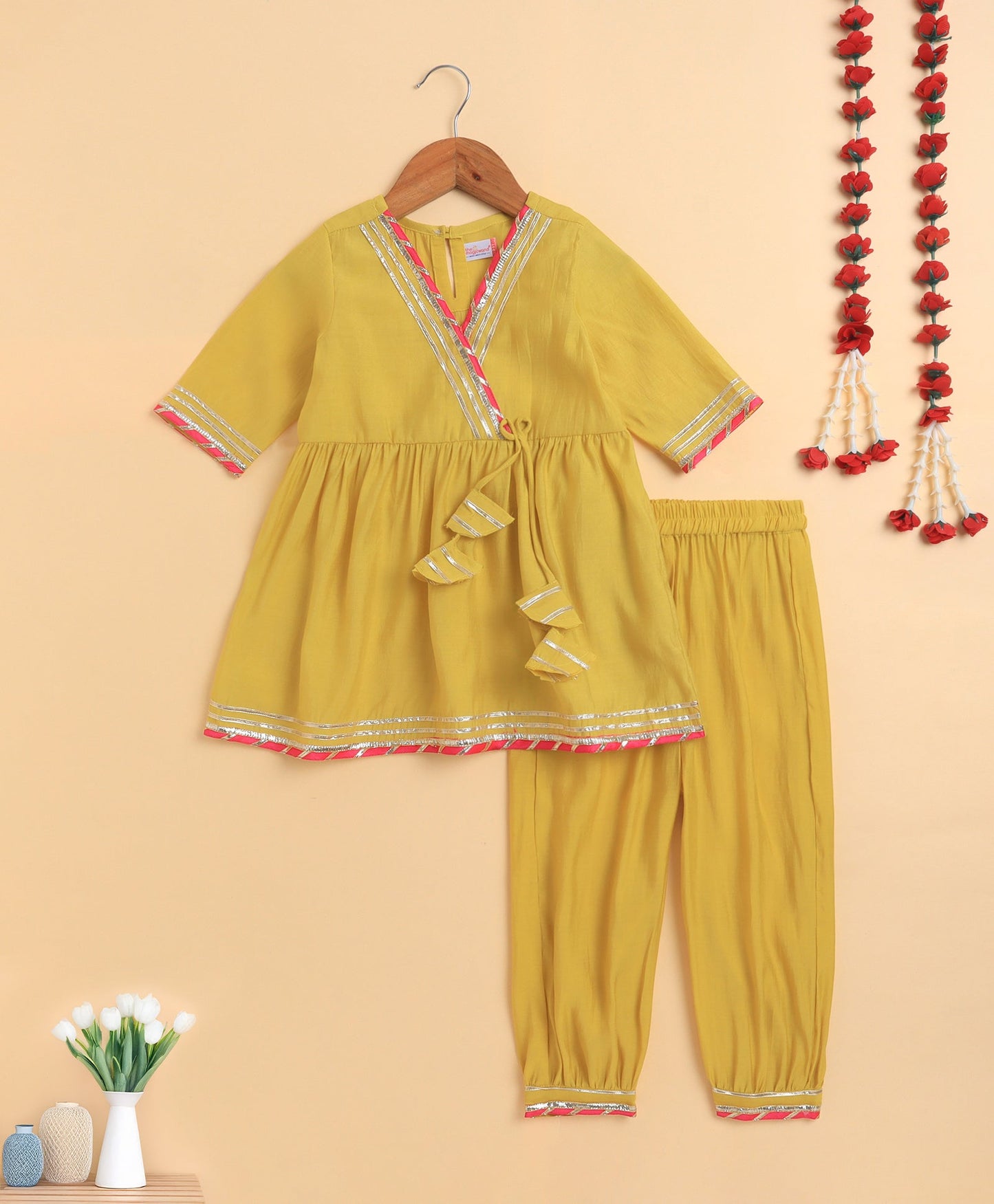 The Magic Wand Cambric Cotton Three Fourth Sleeves Solid Gota Lace Kurta and Bottom Set- Yellow