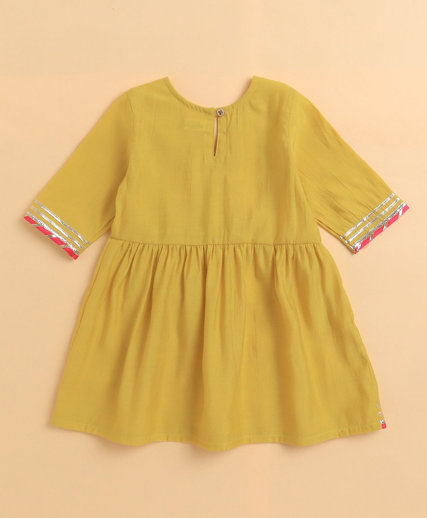 The Magic Wand Cambric Cotton Three Fourth Sleeves Solid Gota Lace Kurta and Bottom Set- Yellow