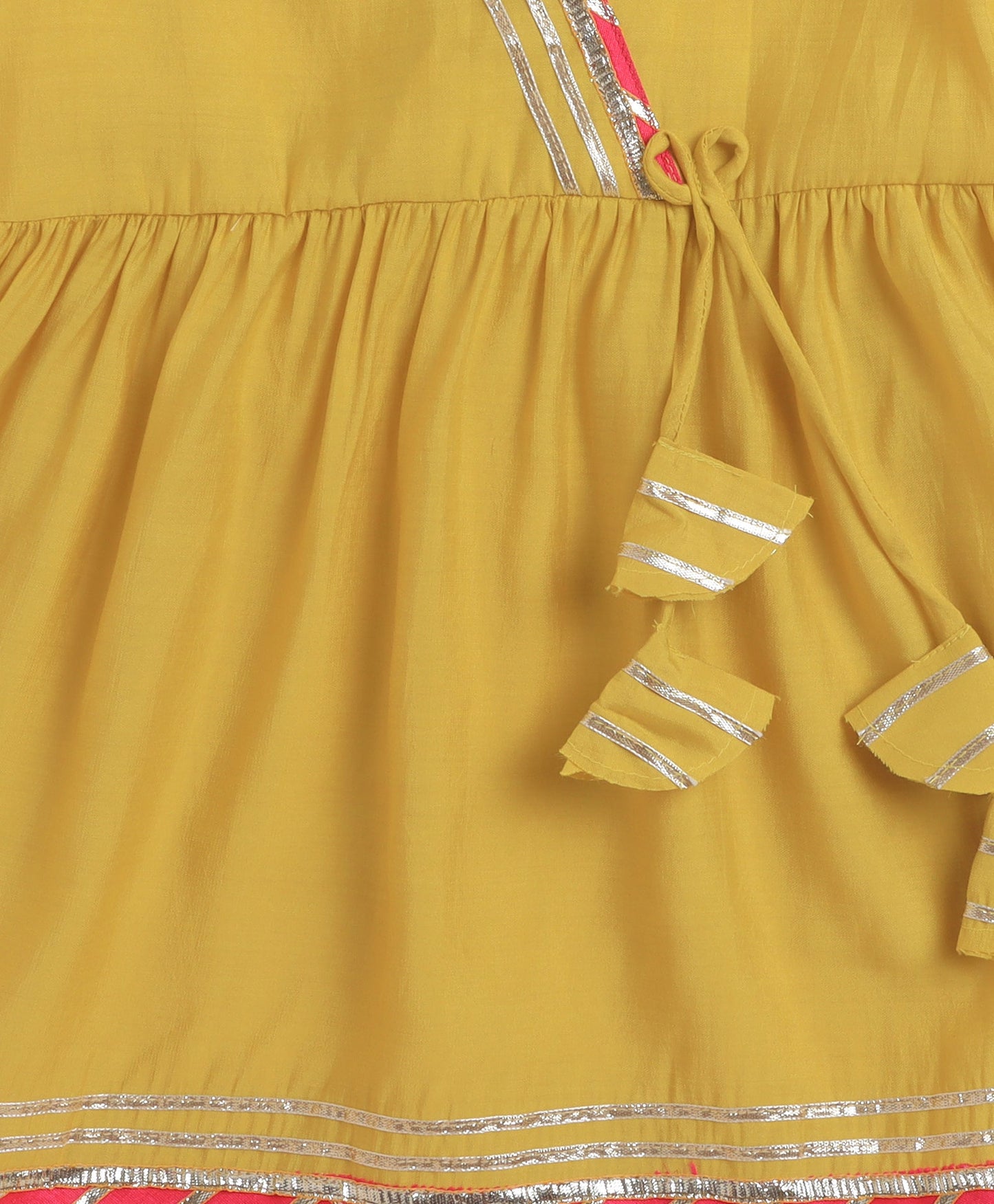 The Magic Wand Cambric Cotton Three Fourth Sleeves Solid Gota Lace Kurta and Bottom Set- Yellow