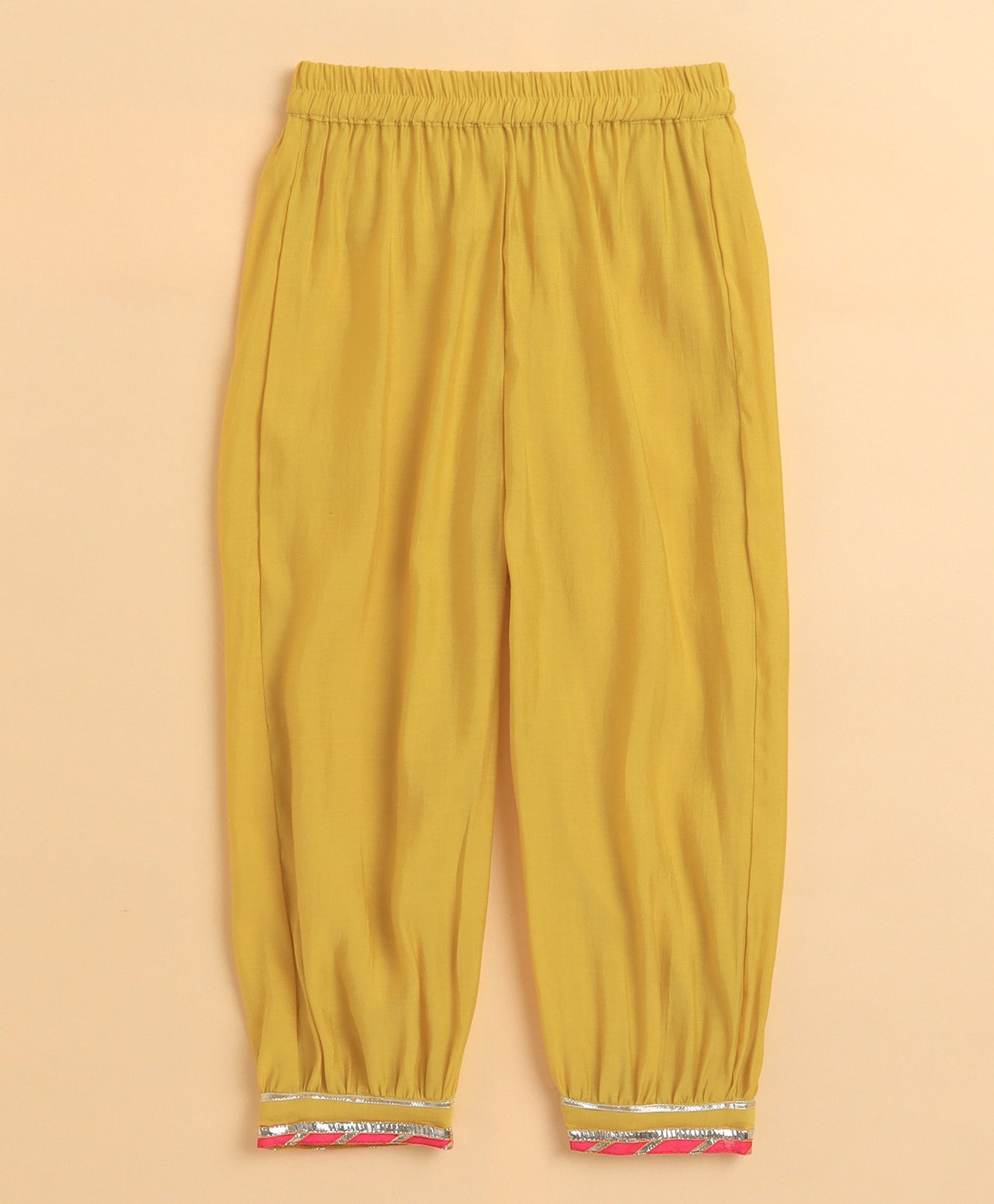 The Magic Wand Cambric Cotton Three Fourth Sleeves Solid Gota Lace Kurta and Bottom Set- Yellow