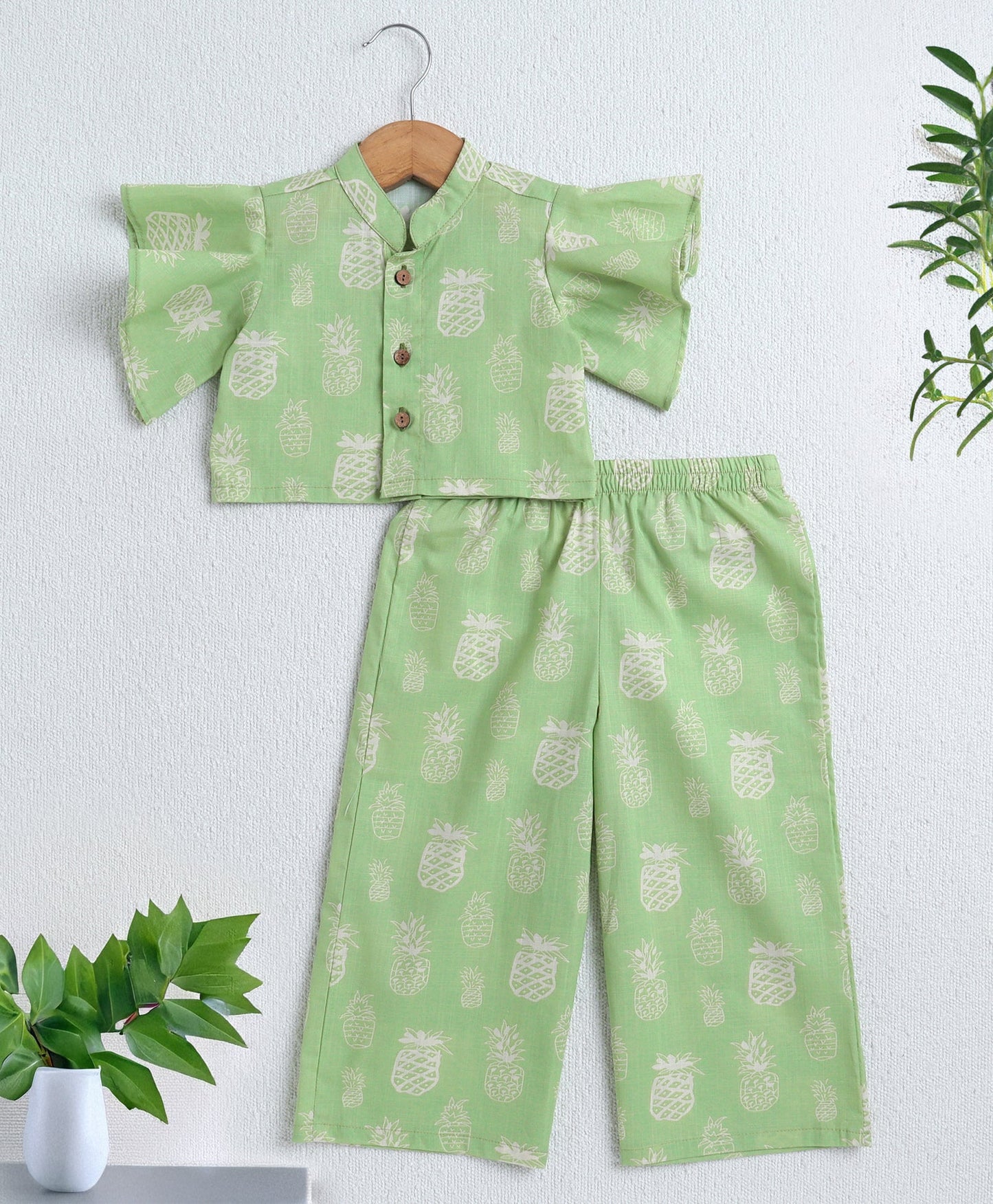 The Magic Wand Cotton Woven Frill Sleeves Pineapple Printed Top & Palazzo Set - Light Green