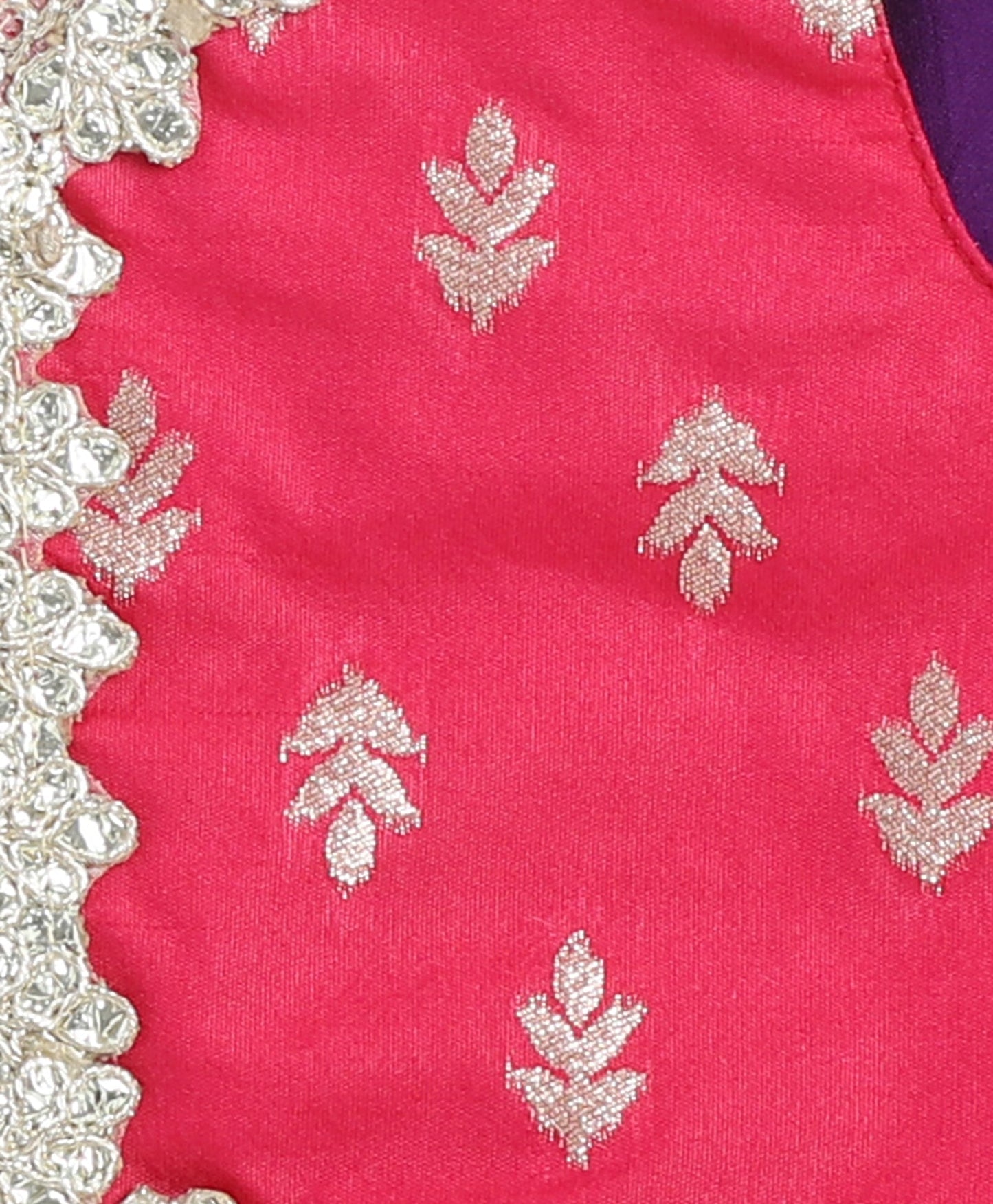 Woven Sleeveless Leaf Motif Printed With Gota Lace Embellished Choli and Kali Lehenga Set-Multi Color