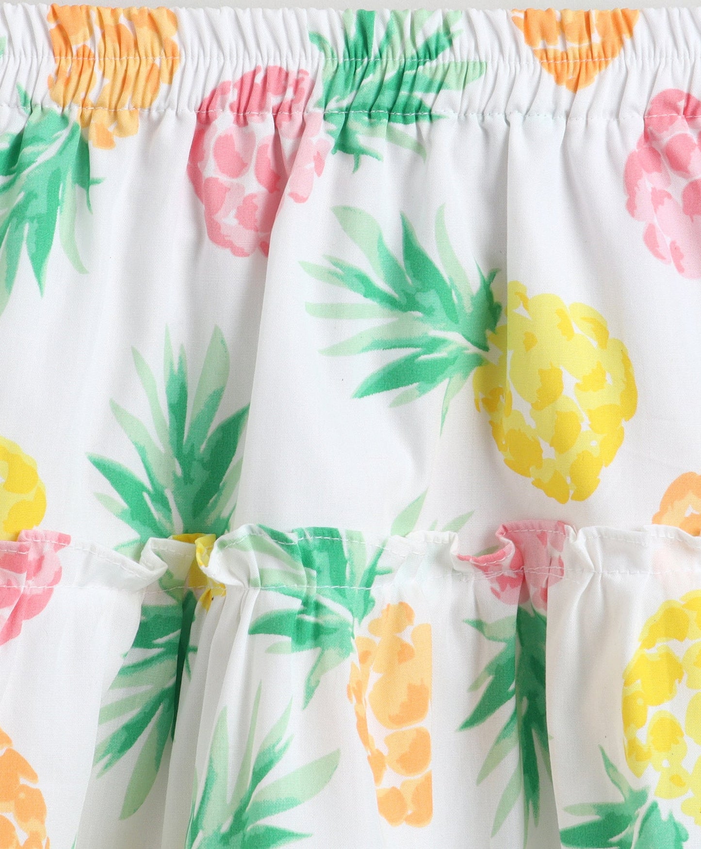 The Magic Wand Cotton Woven Frill Sleeves Pineapple Printed Top And Tiered Skirt Set - White
