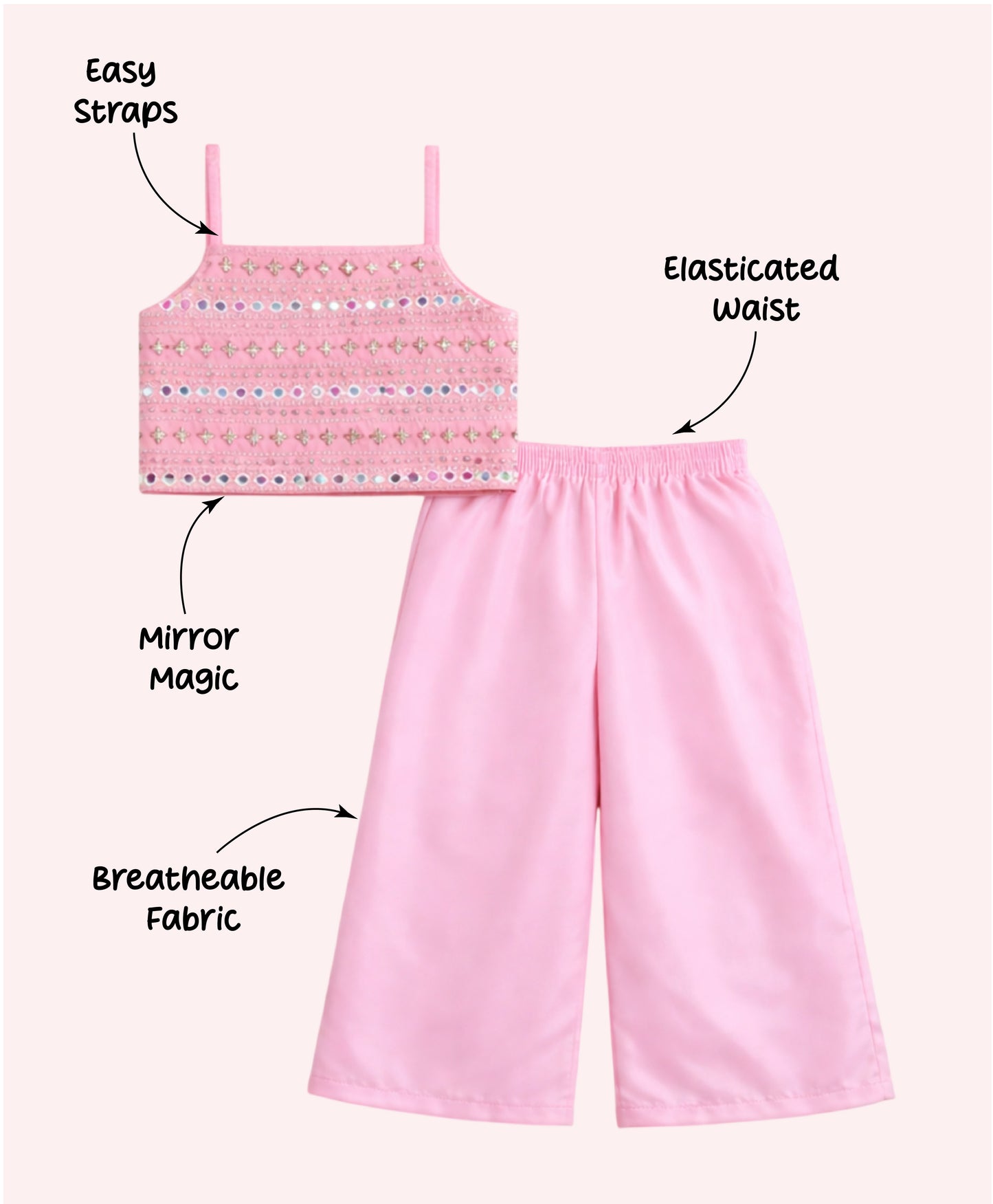 The Magic Wand Woven Strappy Mirror Work Embroidered Top And Palazzo Set - Pink