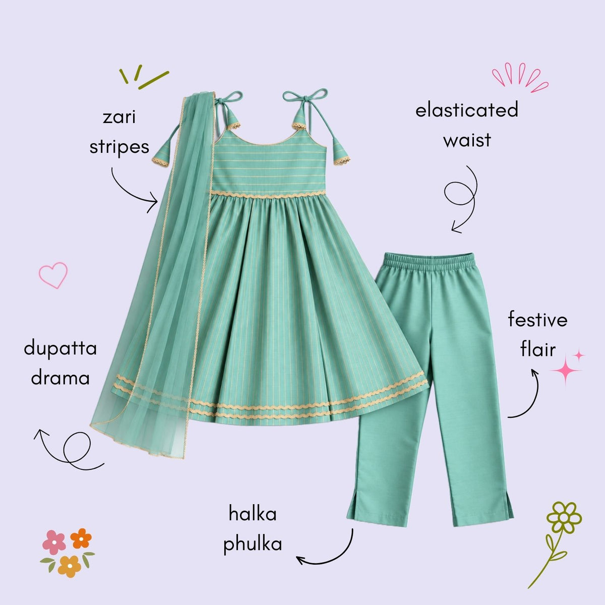 The Magic Wand Woven Shoulder Tie-Up Laced Zari Stripe Kurti And Pant Set With Dupatta - Mint Green