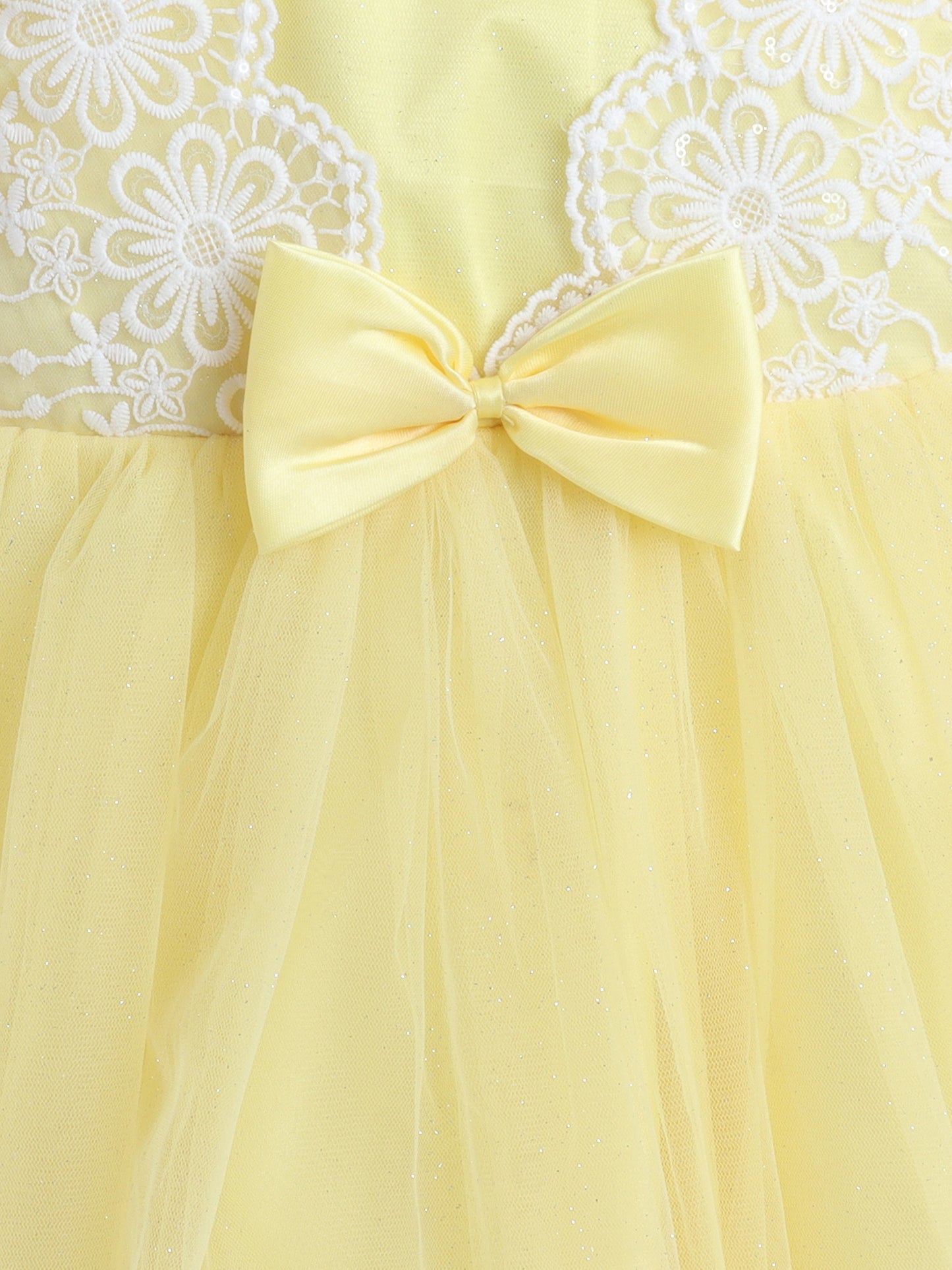 Sleeveless Net Floral Embroidered With Bow Detail Party Dress - Yellow