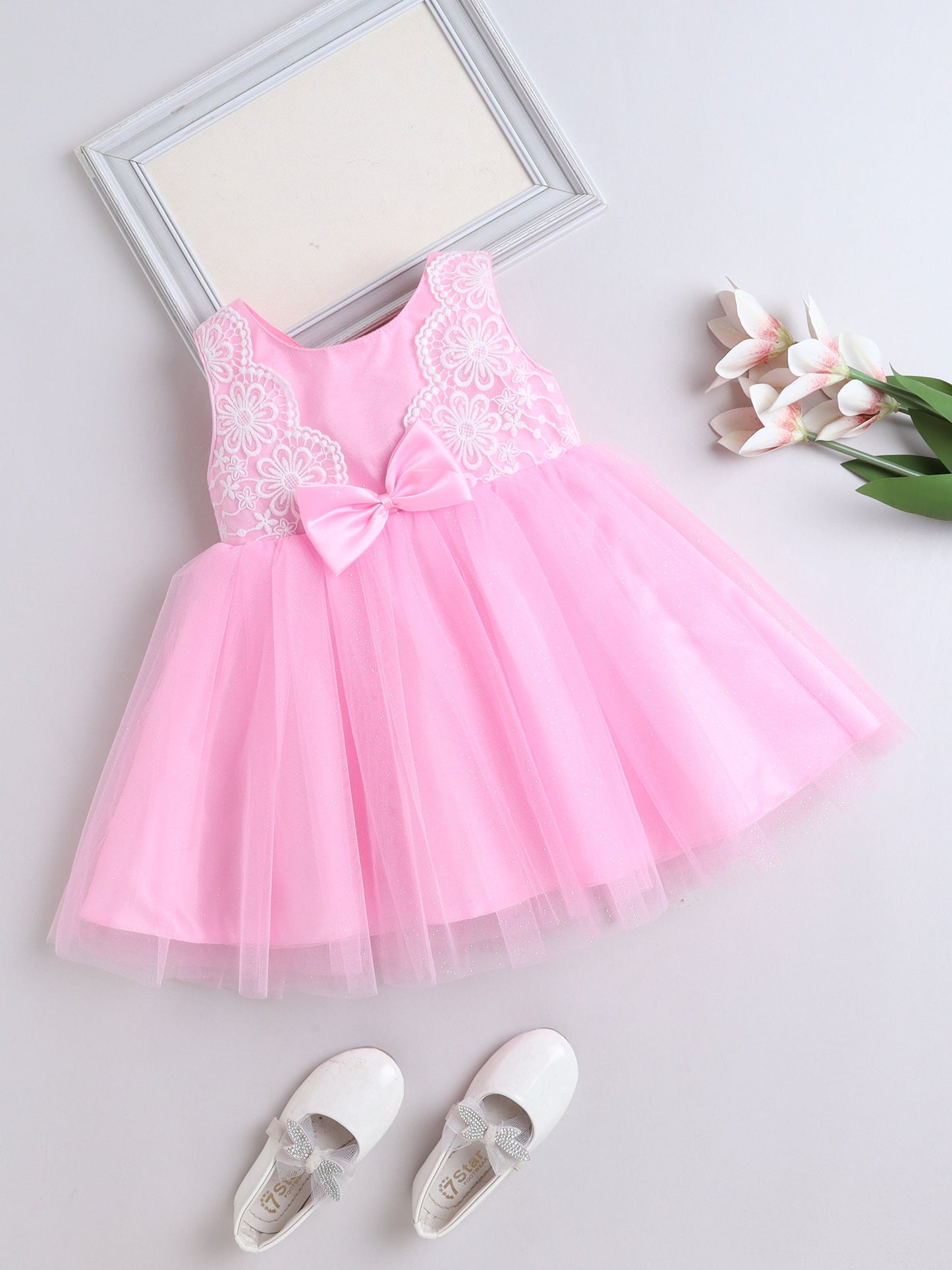 Sleeveless Net Floral Embroidered With Bow Detail Party Dress - Pink