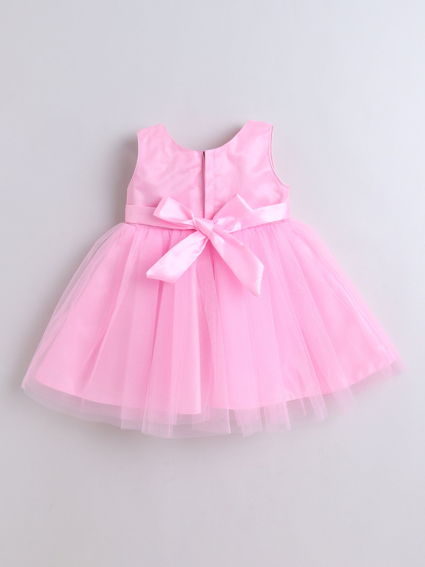 Sleeveless Net Floral Embroidered With Bow Detail Party Dress - Pink