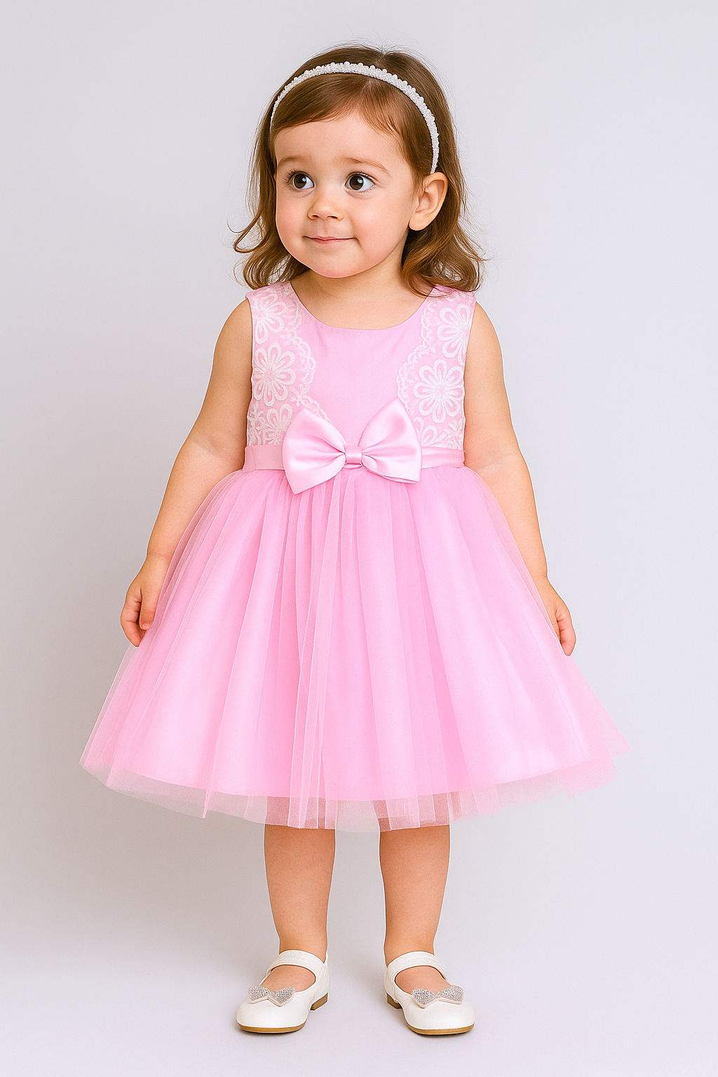 Sleeveless Net Floral Embroidered With Bow Detail Party Dress - Pink