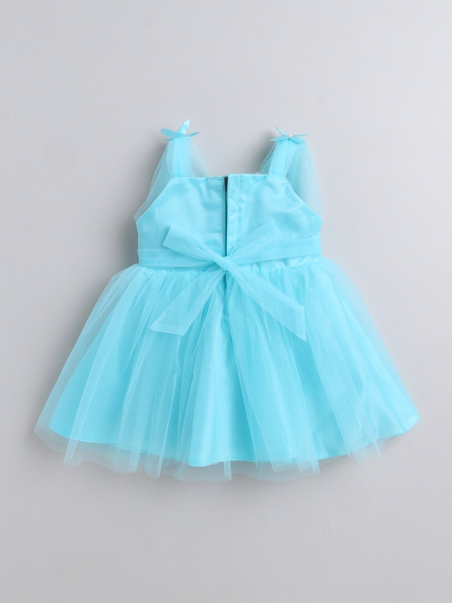 The Magic Wand Net Sleeveless Solid Printed Butterfly Detailed Dress-Blue