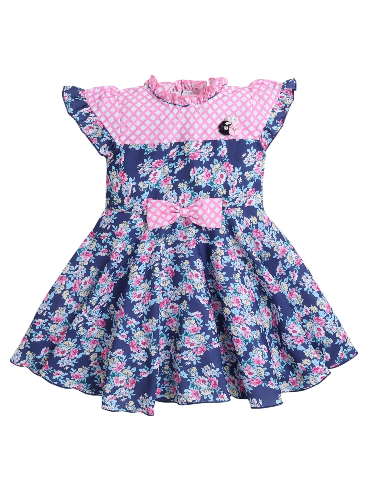 The Magic Wand Cap Sleeves Floral Printed Bow Applique Dress -Pink