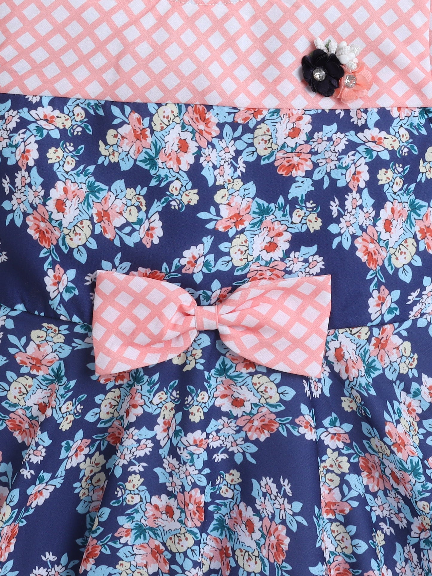 Cap Sleeves Floral Printed Bow Applique Dress - Peach