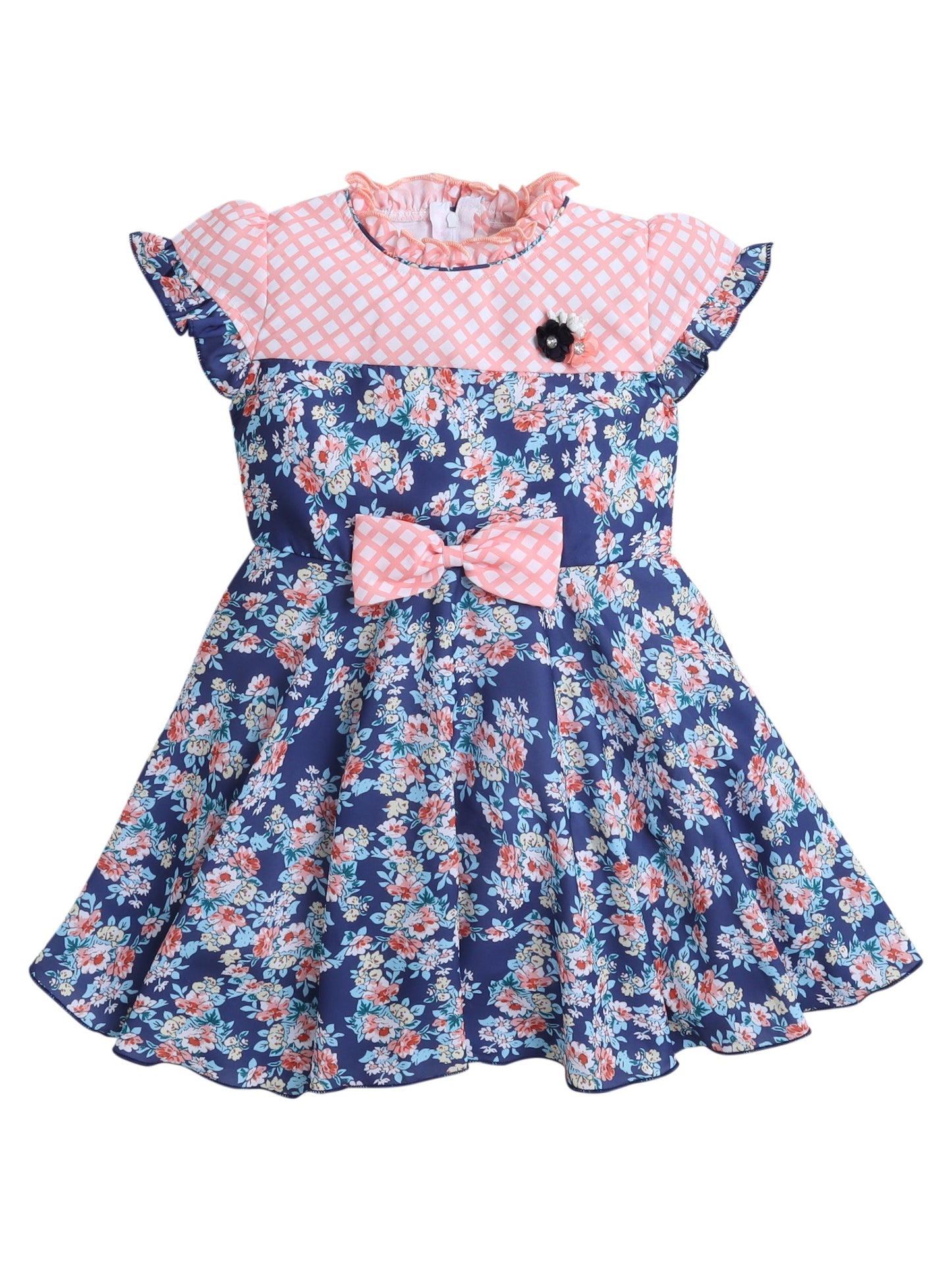 The Magic Wand Cap Sleeves Floral Printed Bow Applique Dress - Peach