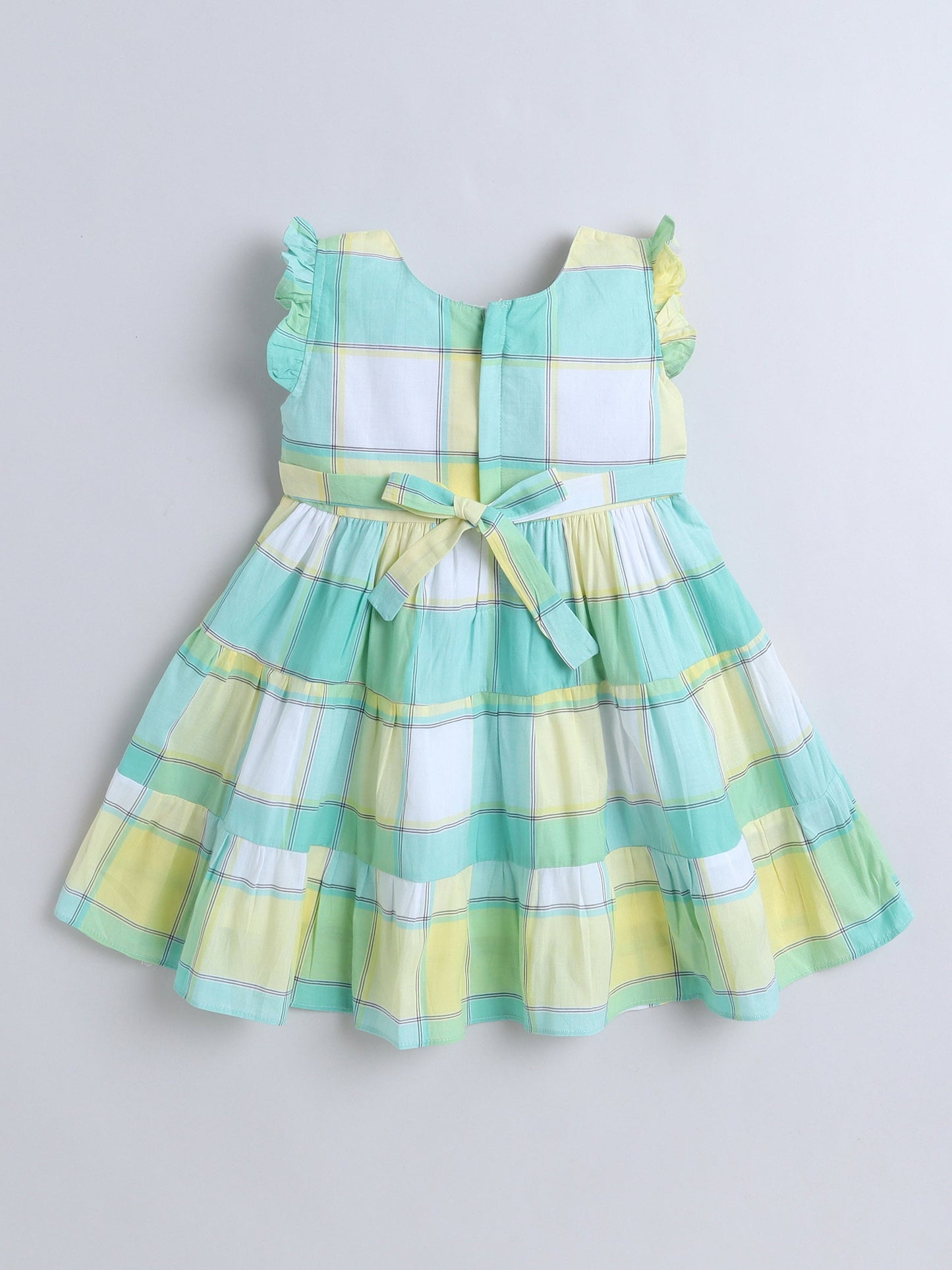 The Magic Wand Sleeveless Checks Printed Bow Applique Dress -Green