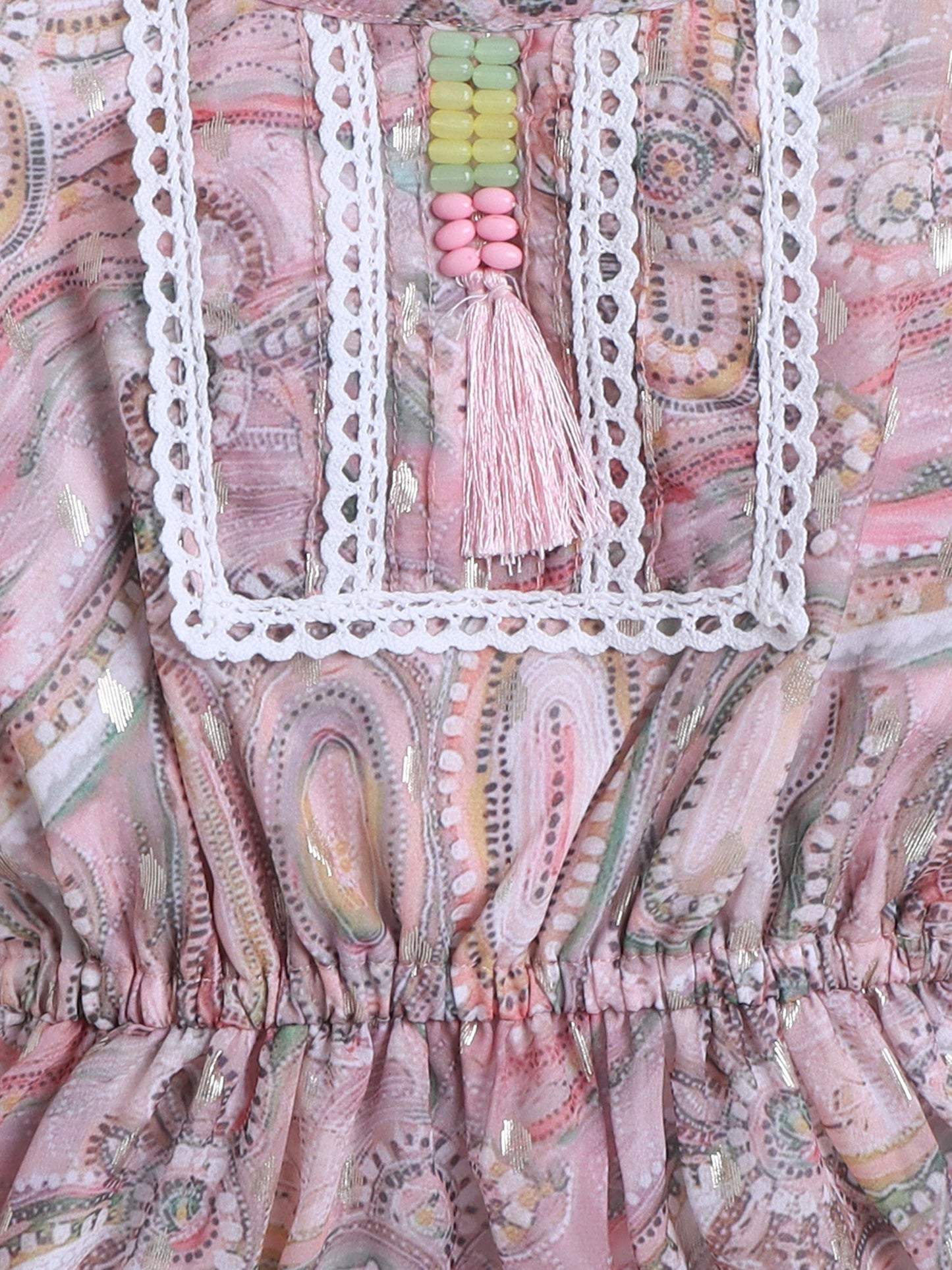 Sleeveless Abstract Printed & Beads Embellished Dress - Peach