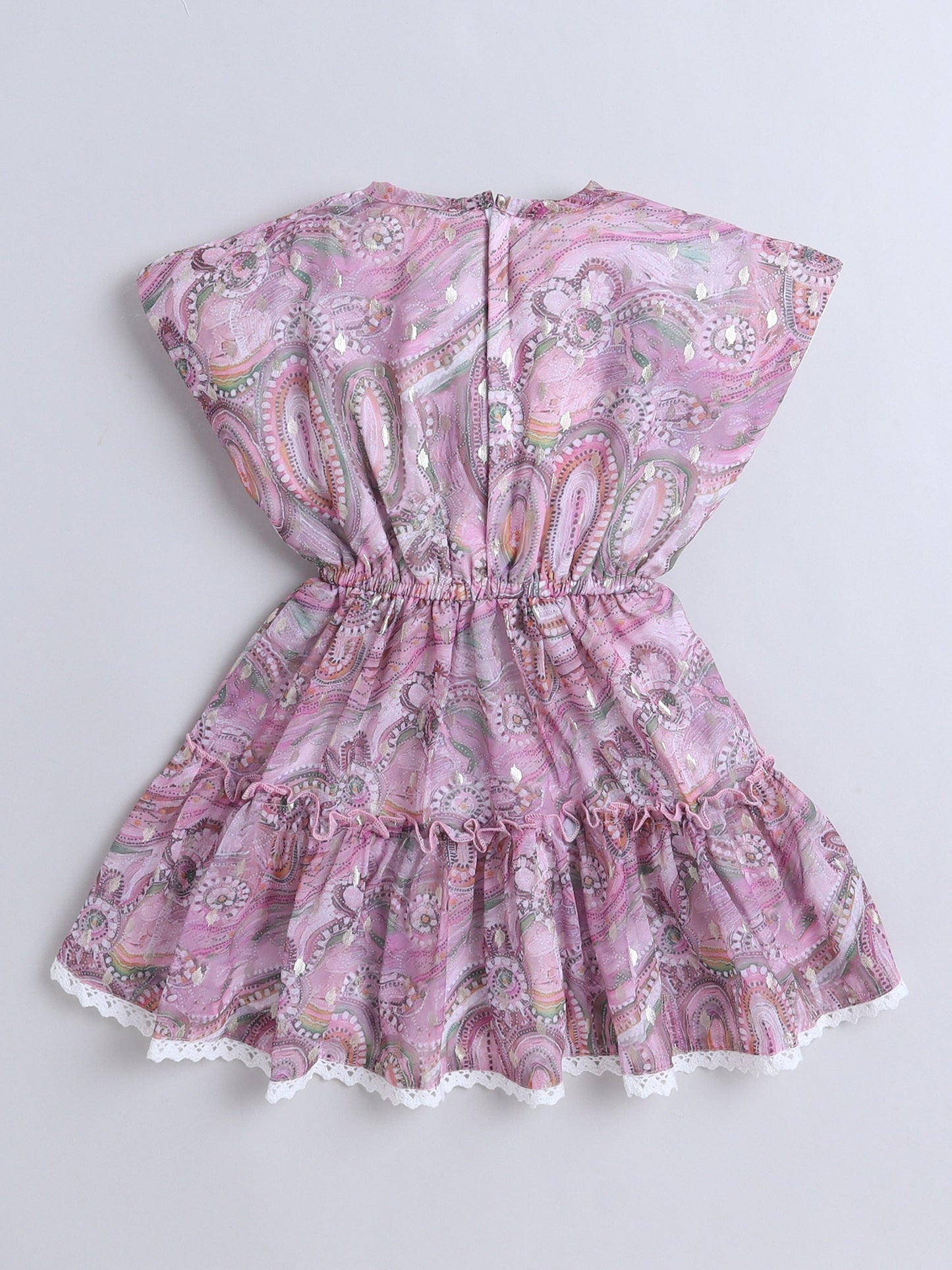Sleeveless Floral Printed Lace Embellished Dress - Pink