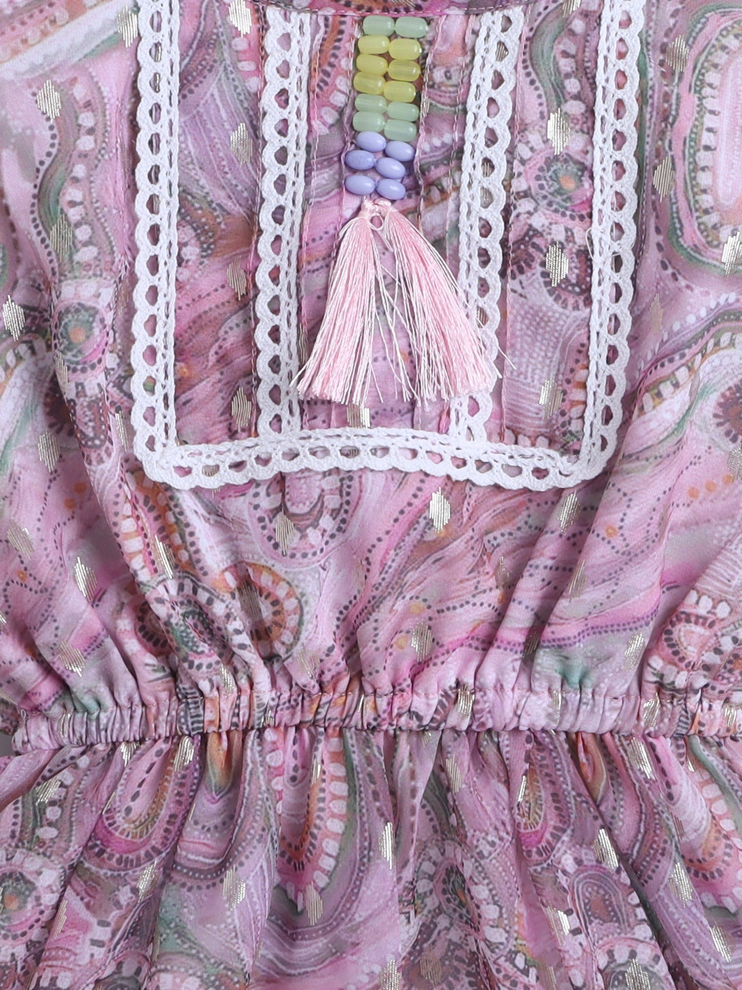 Sleeveless Floral Printed Lace Embellished Dress - Pink