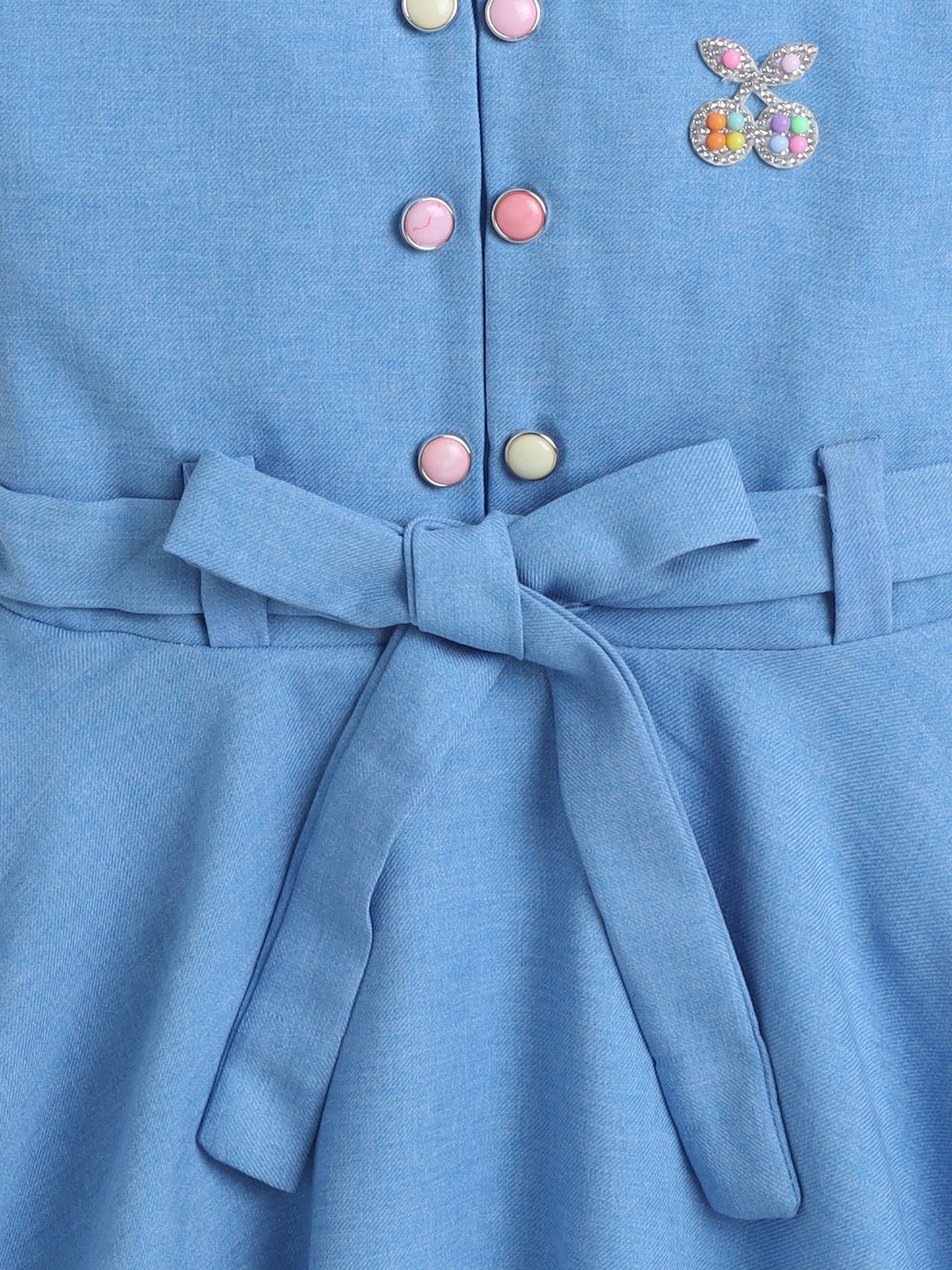 Cotton Sleeveless Cherry Embellished Dress - Blue