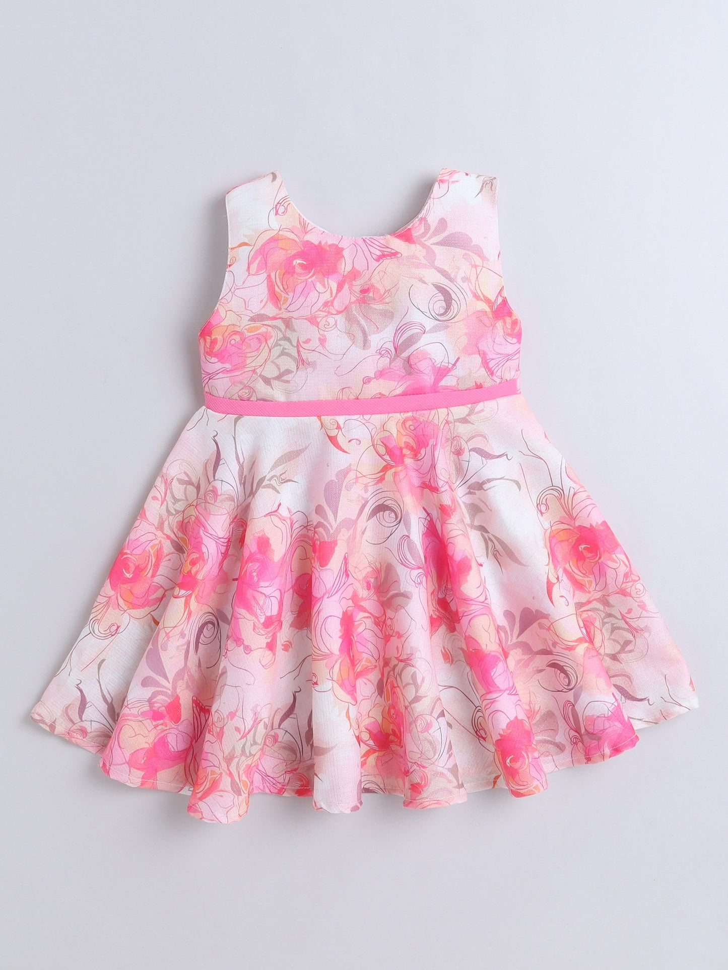 Floral Printed Dress With Three Fourth Bell Sleeves Jacket - Pink