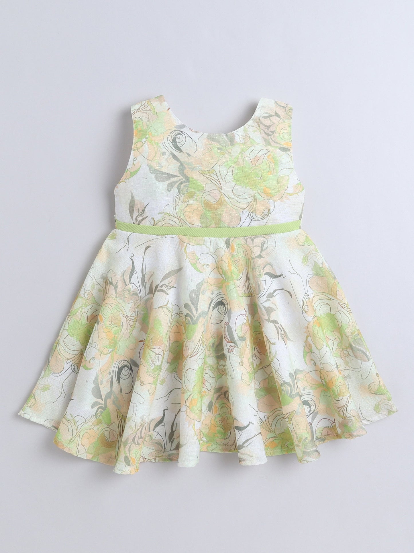 Floral Printed Dress With Three Fourth Bell Sleeves Jacket - Green