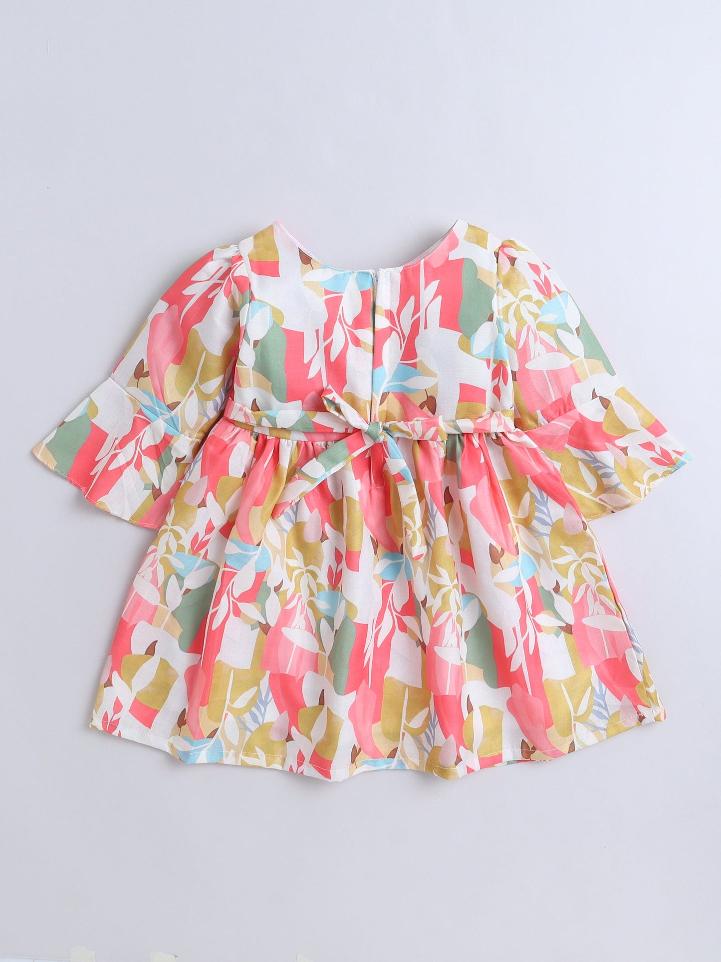 Full Bell Sleeves Leaves Printed Dress With Jacket - Coral