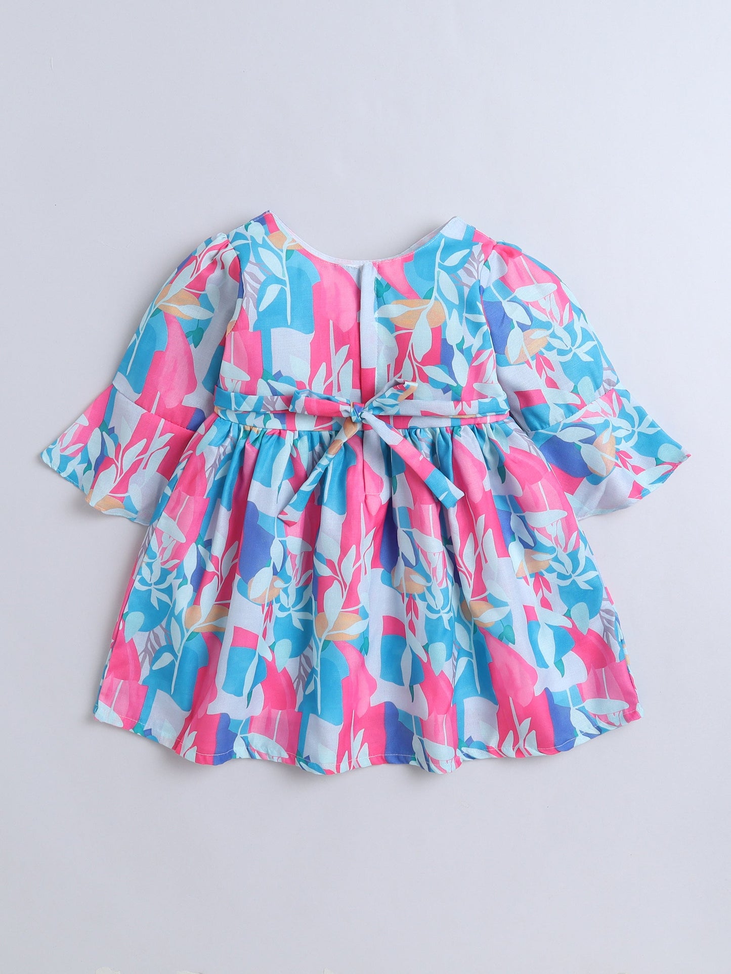 Full Bell Sleeves Leaves Printed Dress With Jacket - Fuchsia