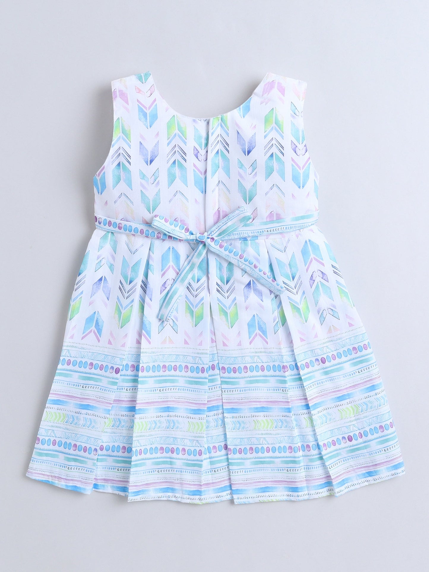Geometric Printed Dress With Full Sleeves Floral Embroidered Jacket - Blue